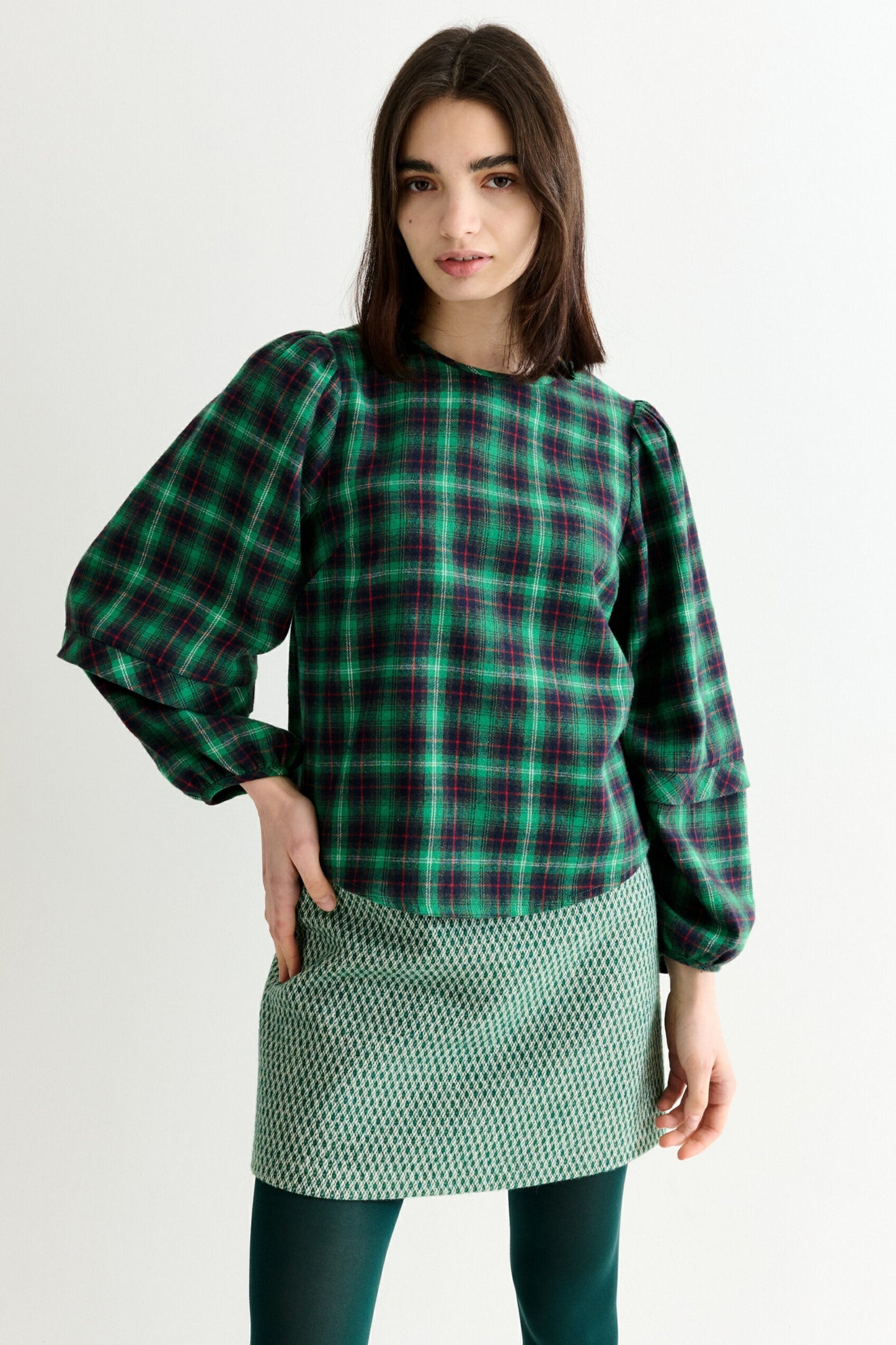 Rivka Winter Check Pleat Long Sleeve Blouse - Green