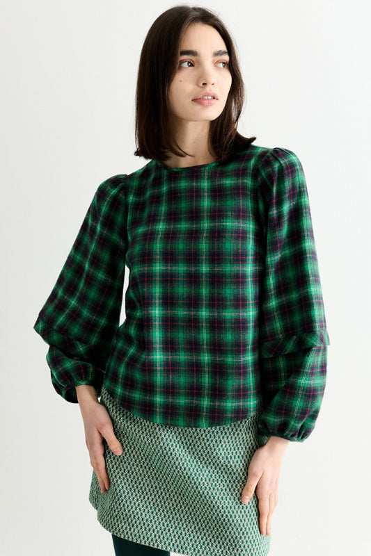 Rivka Winter Check Pleat Long Sleeve Blouse - Green
