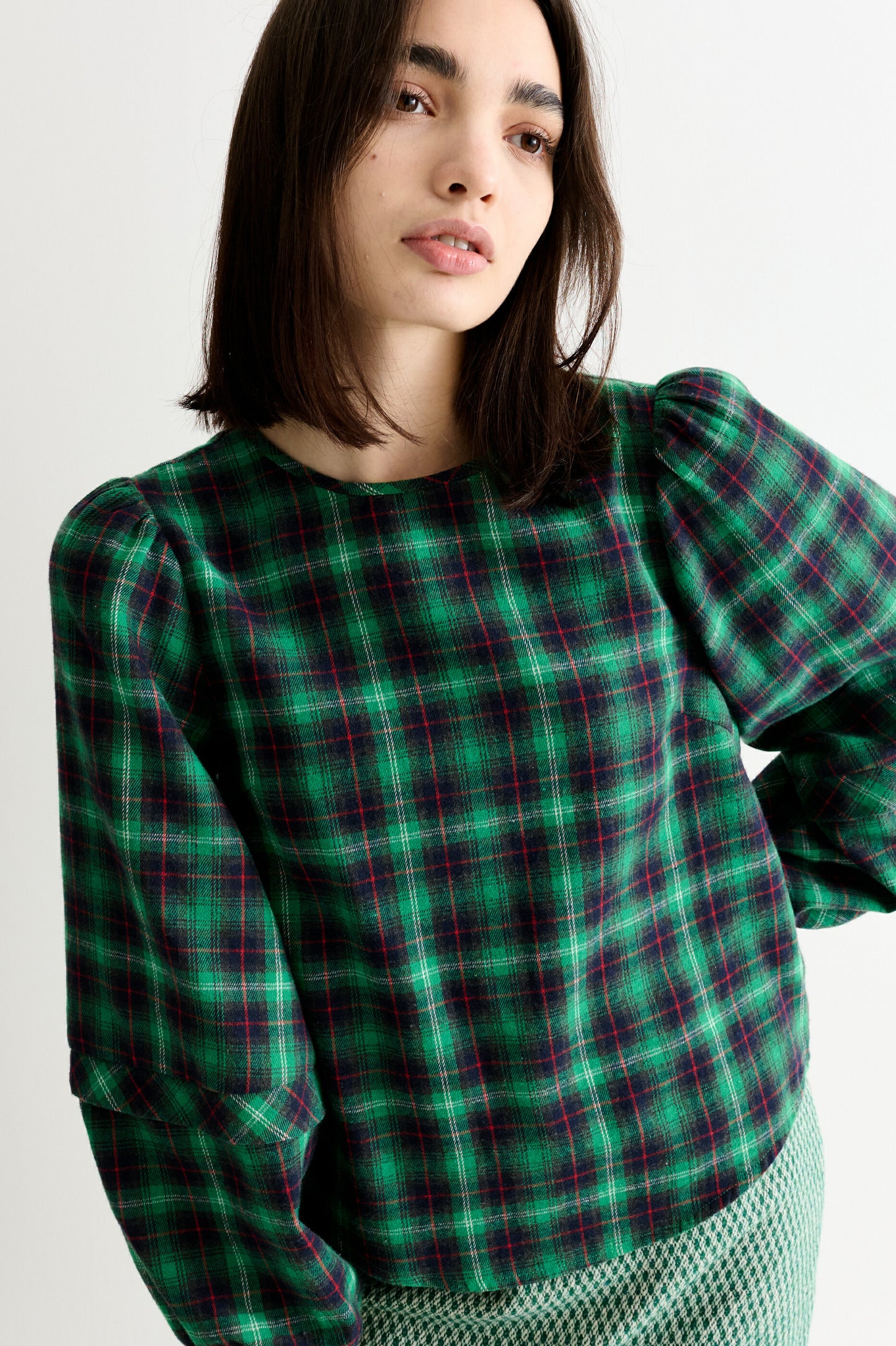 Rivka Winter Check Pleat Long Sleeve Blouse - Green
