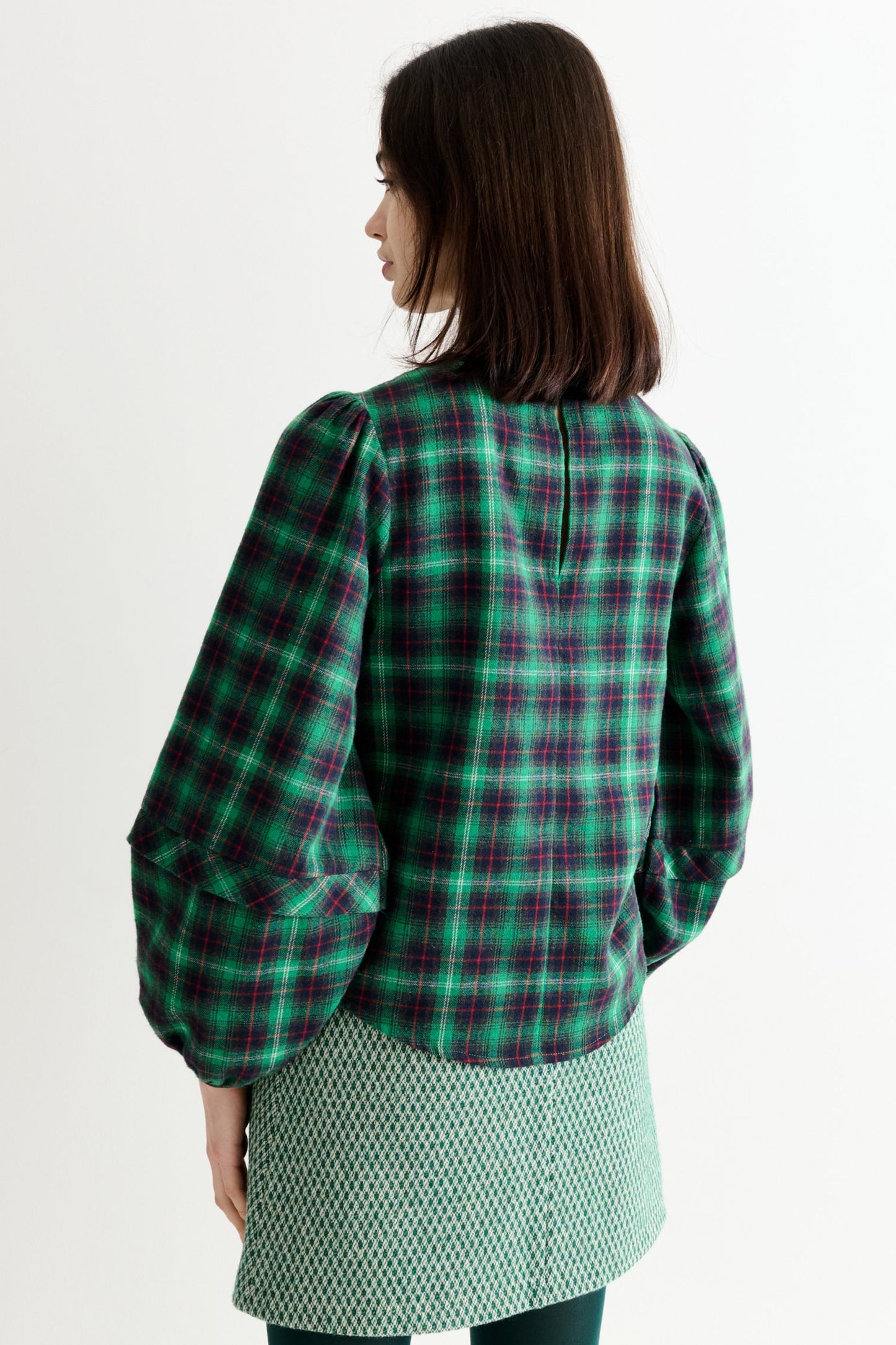 Rivka Winter Check Pleat Long Sleeve Blouse - Green