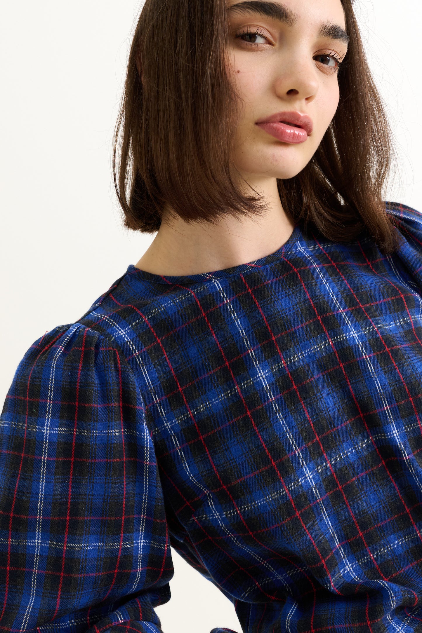Rivka Winter Check Pleat Long Sleeve Blouse - Blue