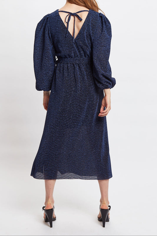 Louche Roza Lurex Jersey V Back Midi Dress - Navy