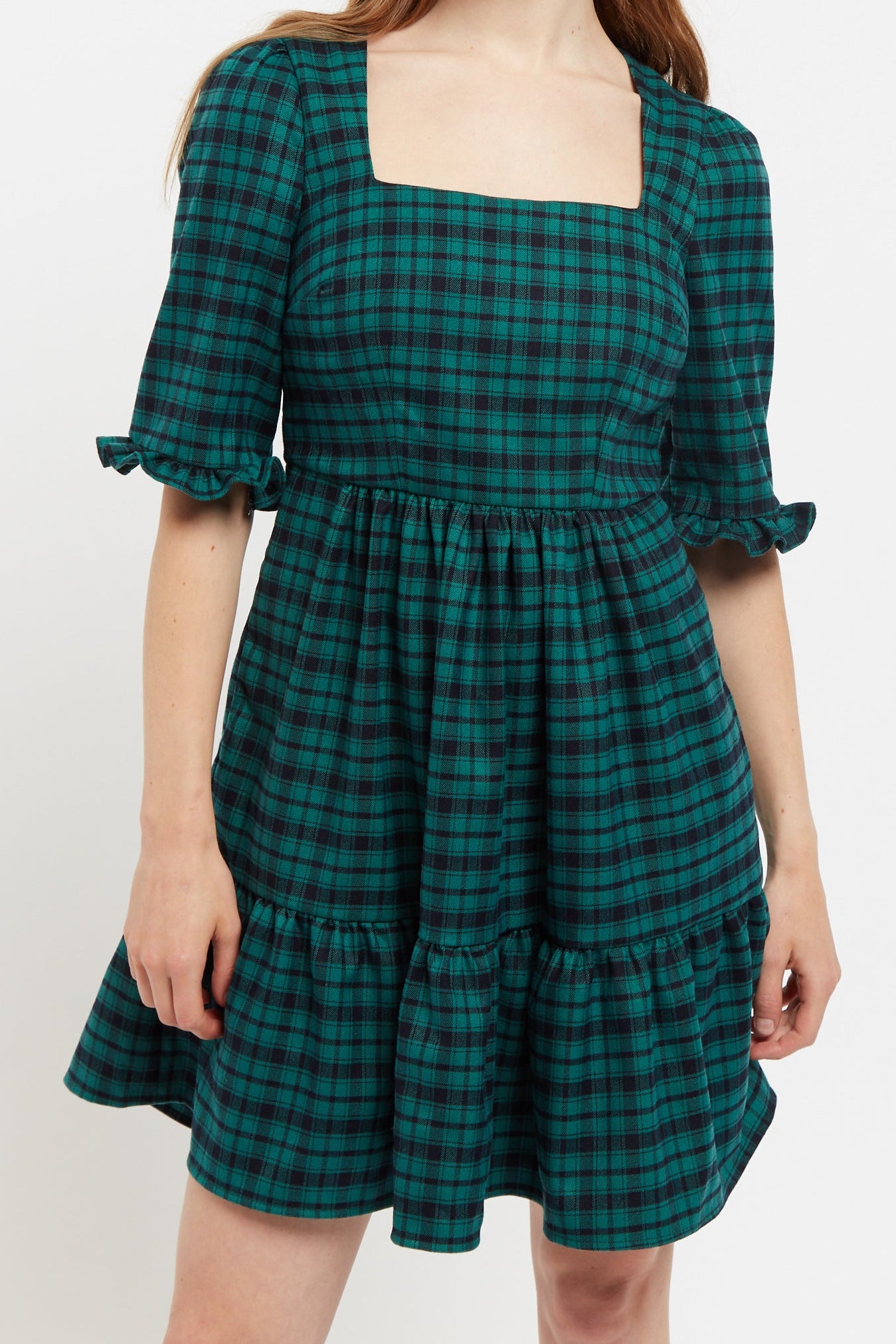 Sassa Winter Gingham Tiered Mini Dress in Green and Black