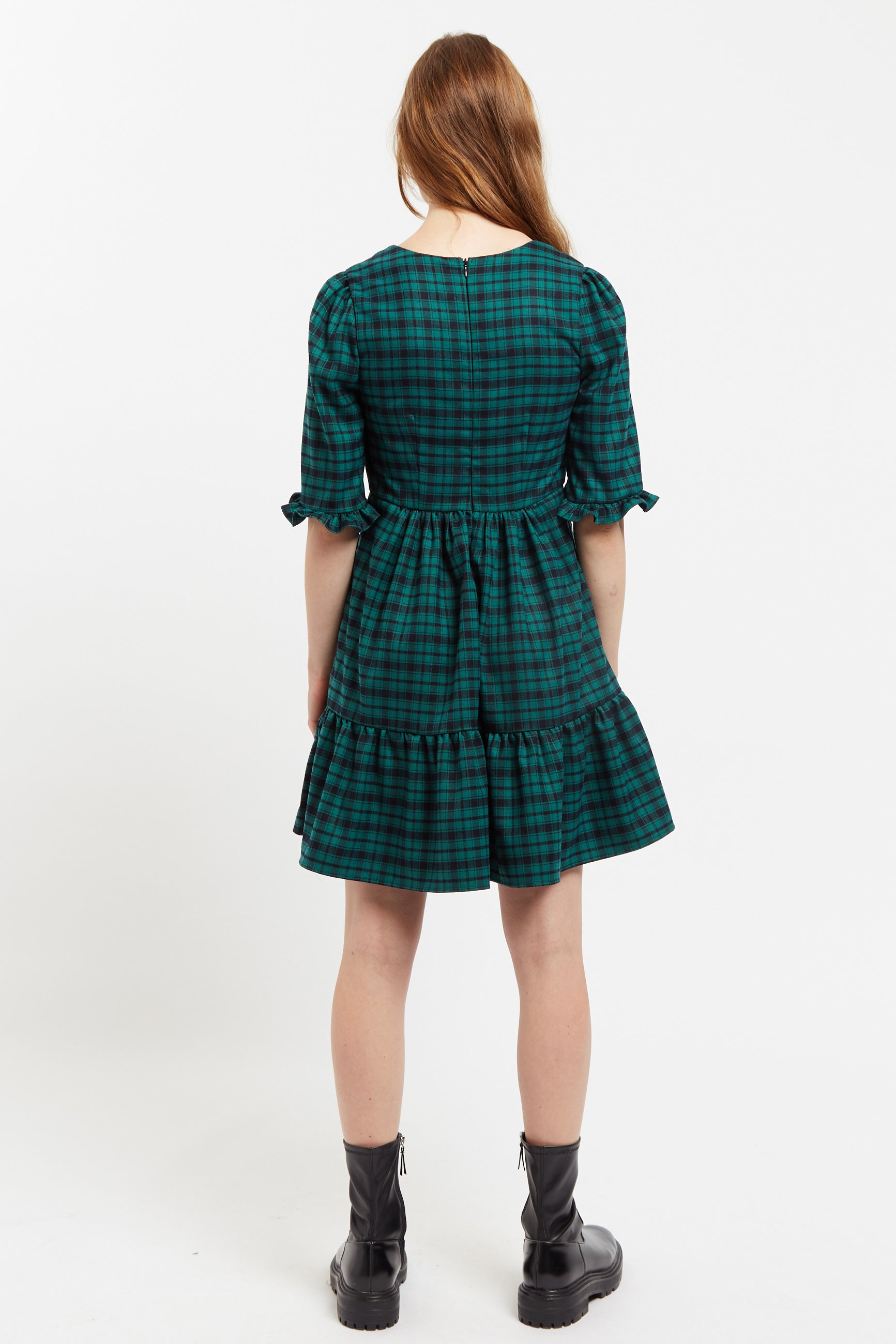 Sassa Winter Gingham Tiered Mini Dress in Green and Black - Back