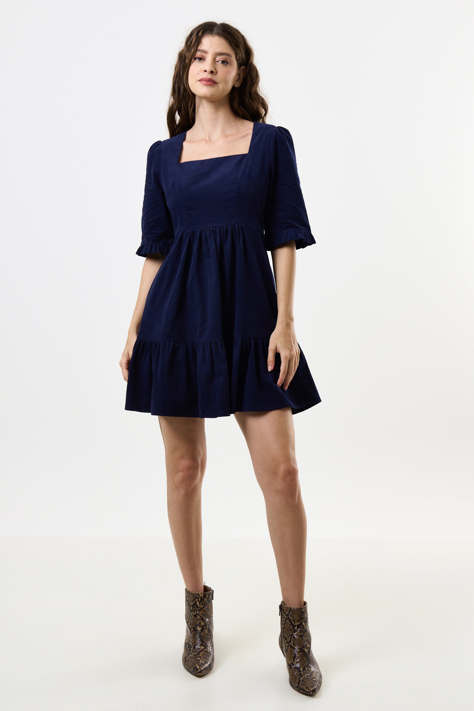 Sassa Lightweight Baby Cord Tiered Mini Dress - Navy