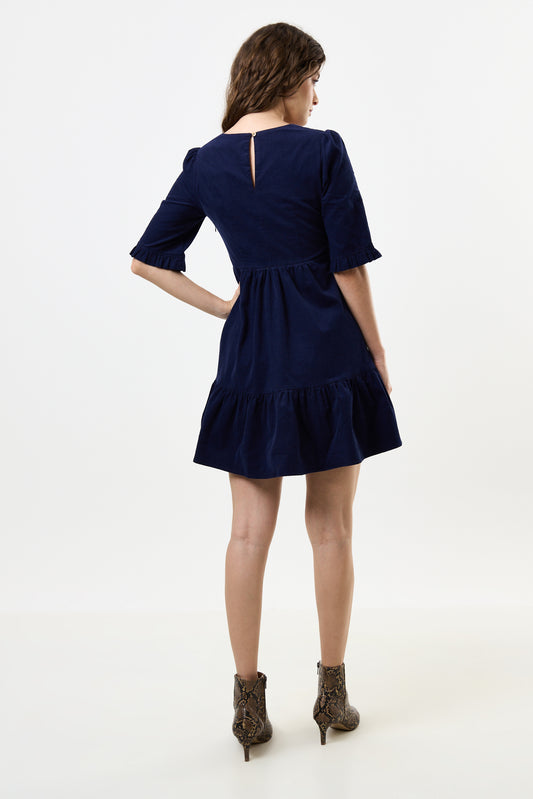 Sassa Lightweight Baby Cord Tiered Mini Dress - Navy