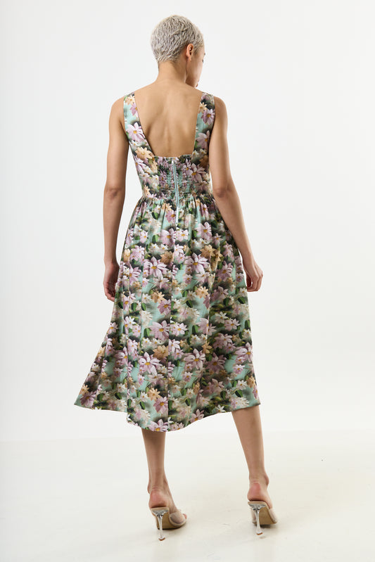 Sherazade 3D Daisy Print Square Neck Midi Dress - Green