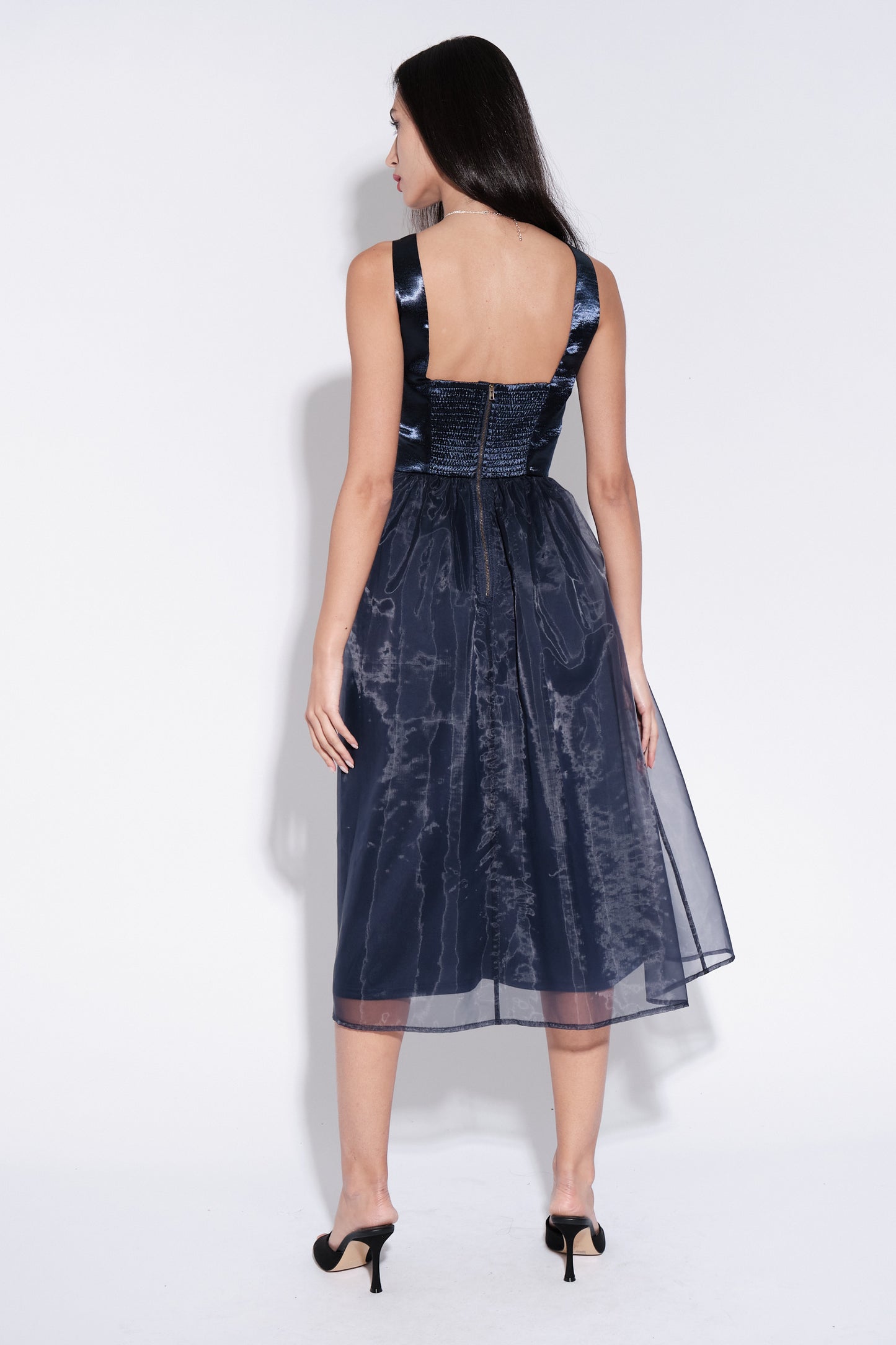 Shehrazade Satin and Organza Midi Dress in Navy