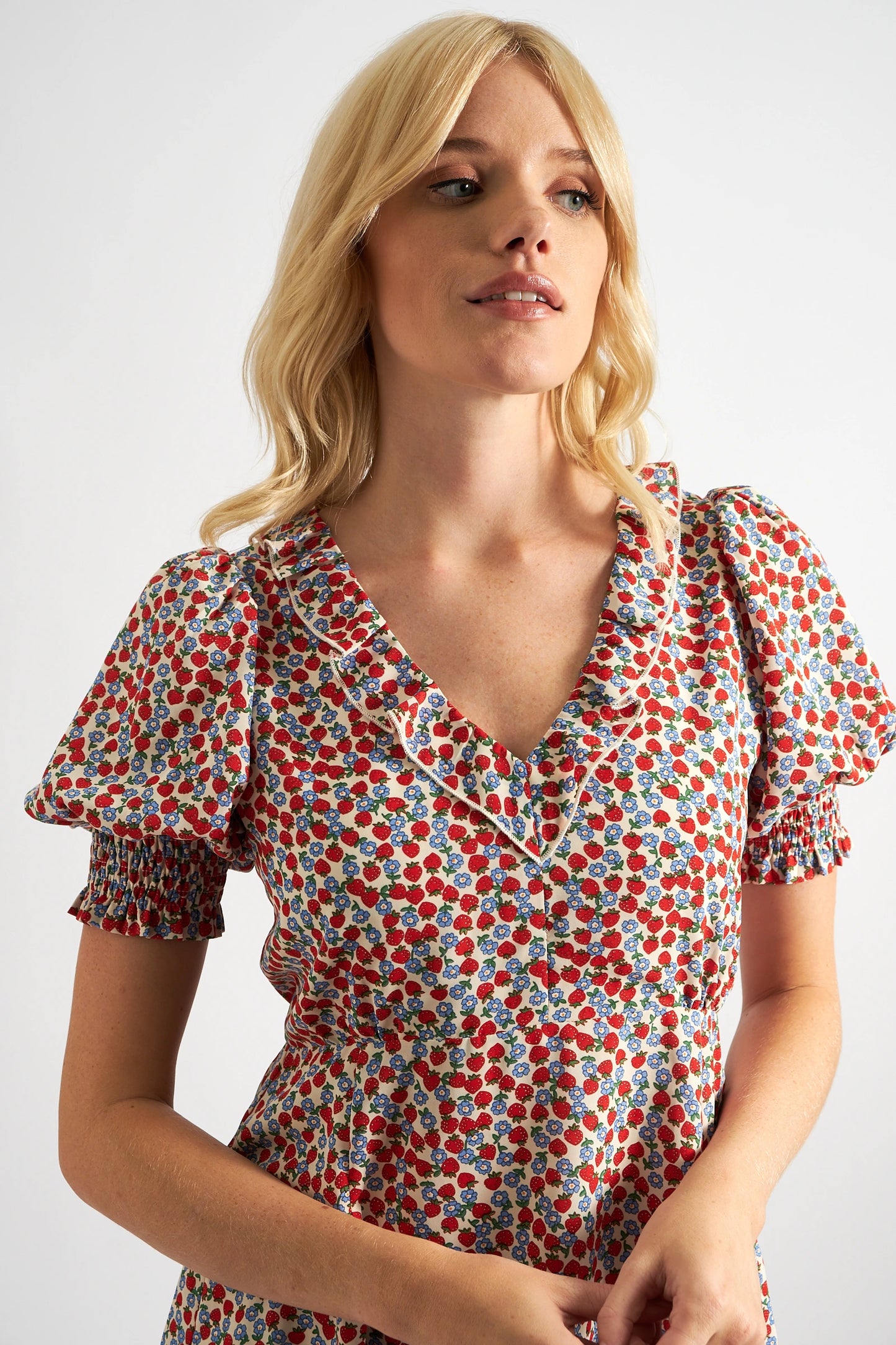 Solyne Strawberry Fields Print Frill V-Neck Mini Dress