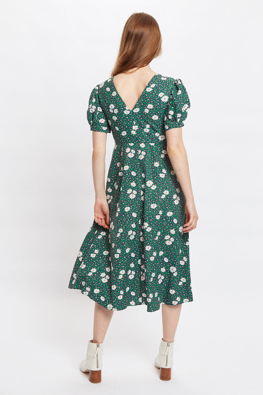 Louche Stasia Roaring Daisy Print V Back Puff Sleeve Midi Dress - Green