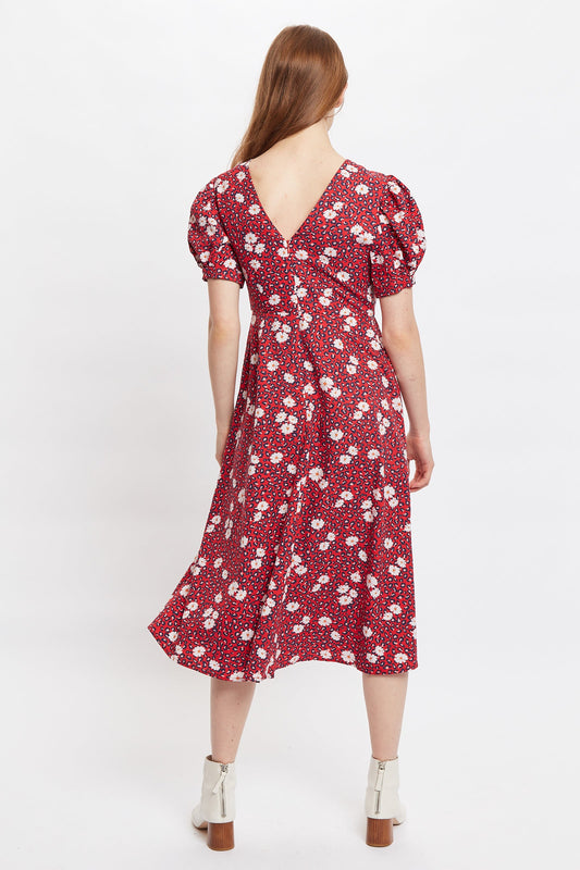 Louche Stasia Roaring Daisy Print V Back Puff Sleeve Midi Dress - Red