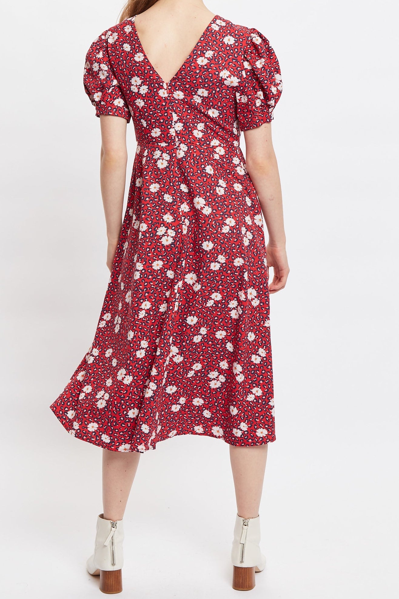 Louche Stasia Roaring Daisy Print V Back Puff Sleeve Midi Dress - Red - Back