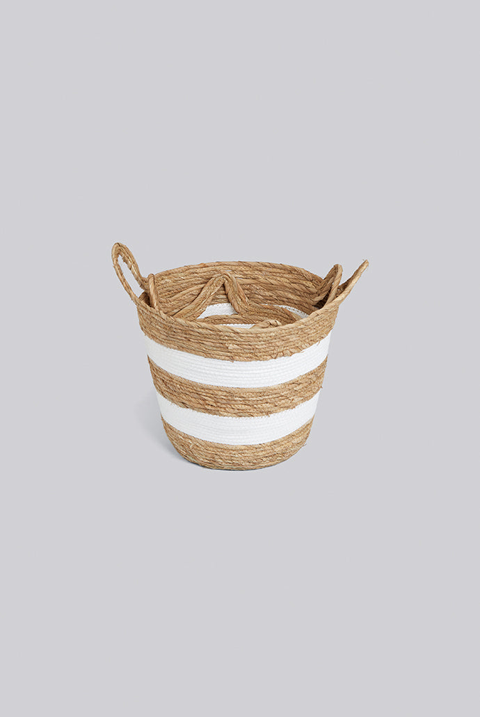 Set of 3 White Stripe Straw Storage Baskets