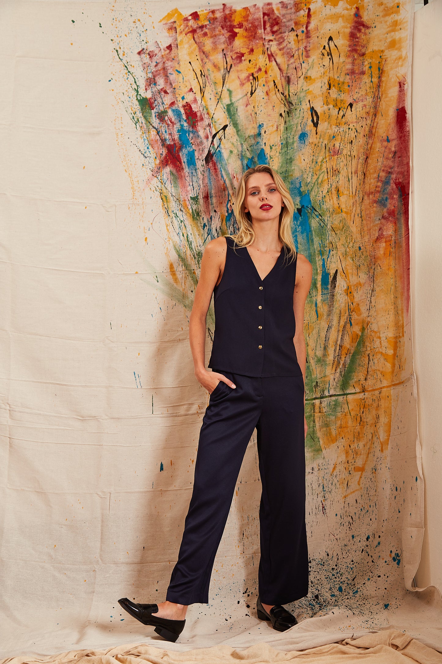 Tilde Satin Back Crepe Wide Leg Trousers - Navy