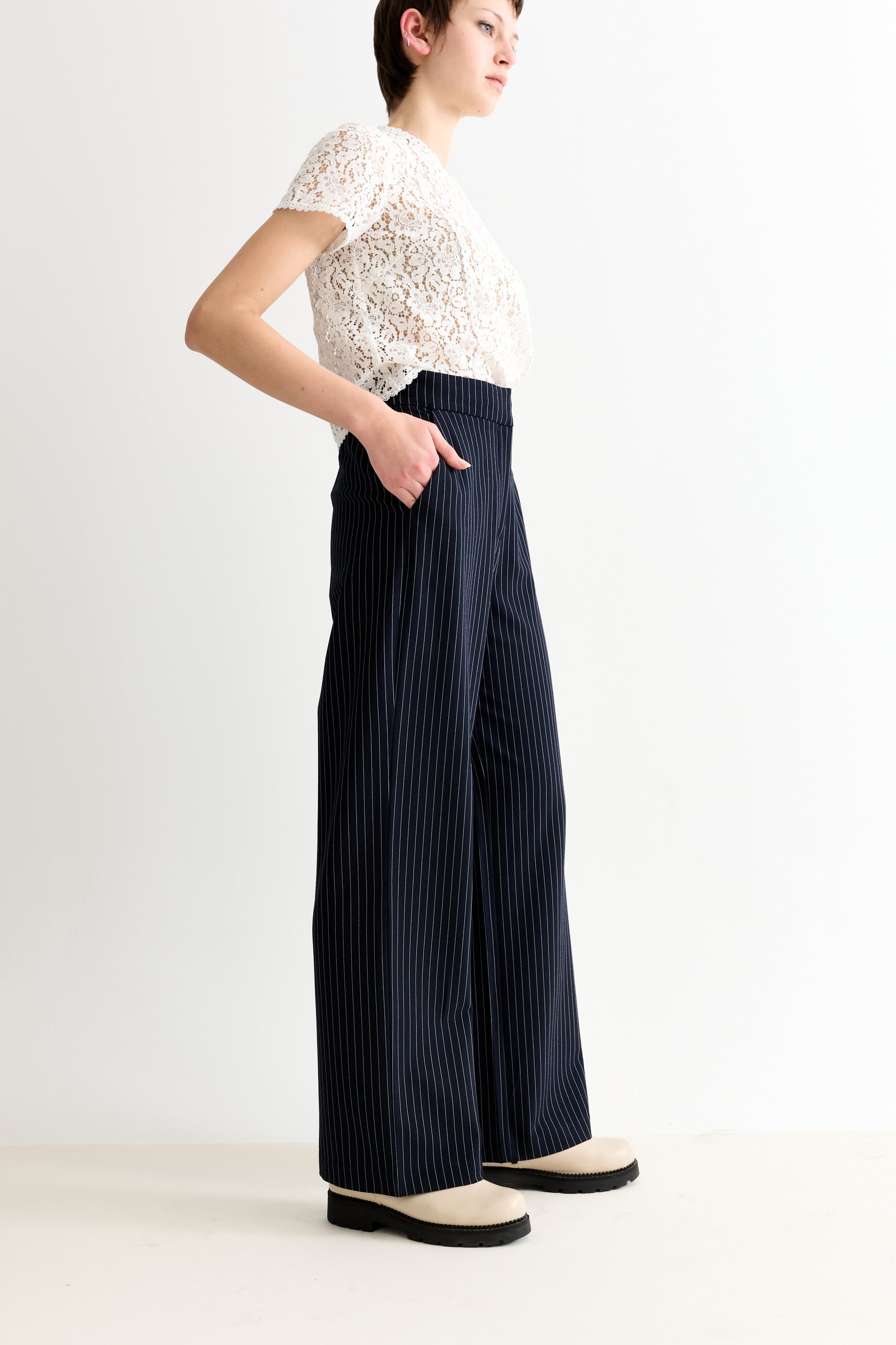 Tilde Navy Pinstripe Straight Leg Trouser