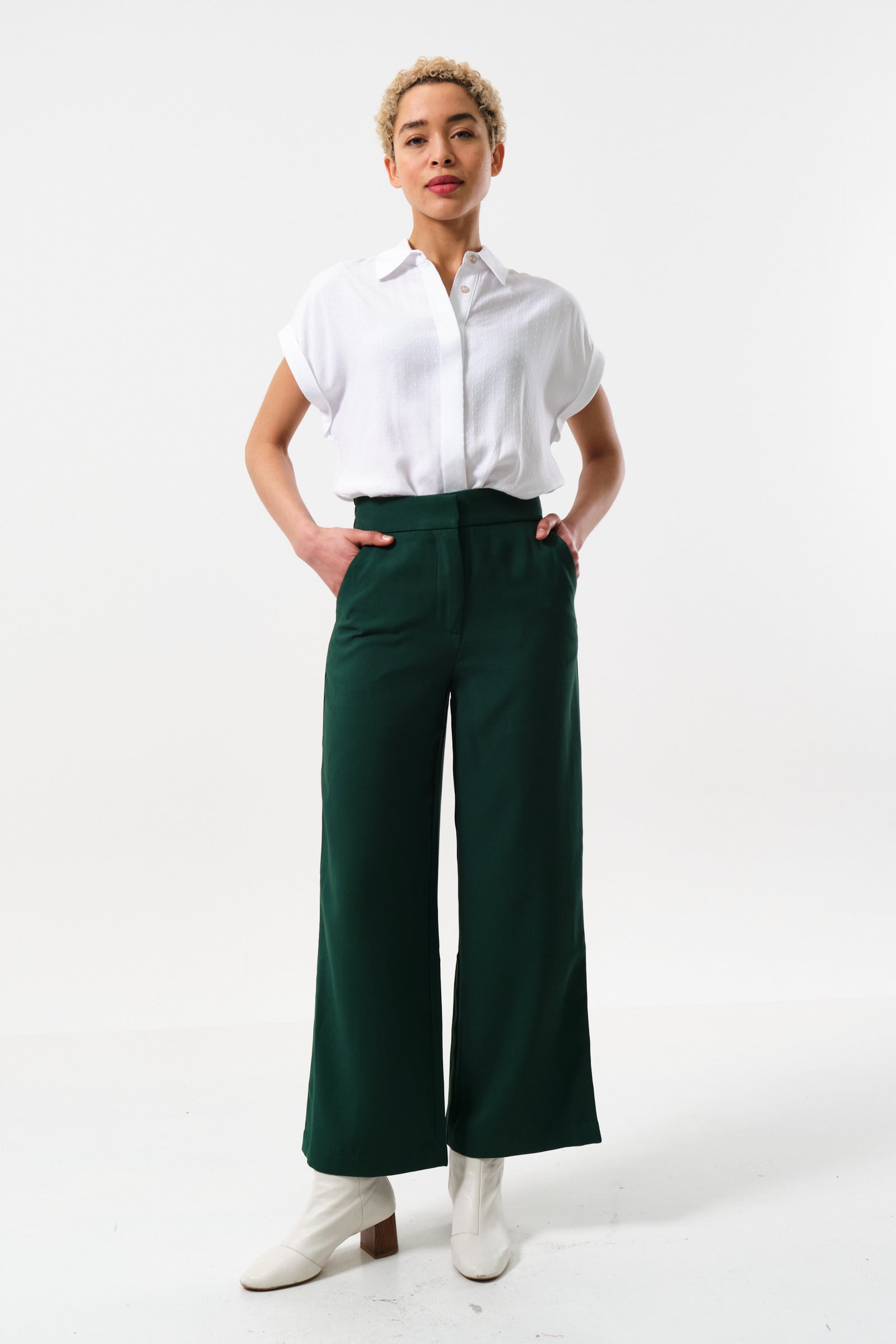 Tilde Sustainable Satin Back Crepe Wide Leg Trousers - Forest Green - Detail 2