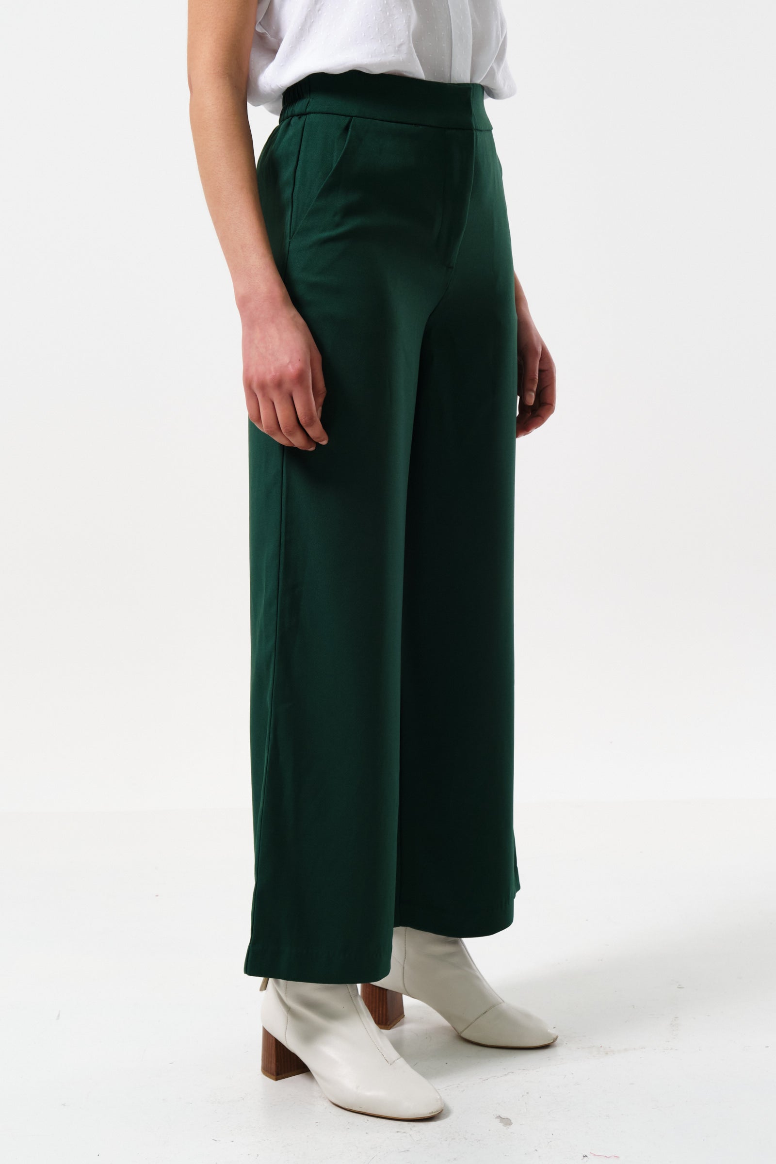 Tilde Sustainable Satin Back Crepe Wide Leg Trousers - Forest Green - Detail 3
