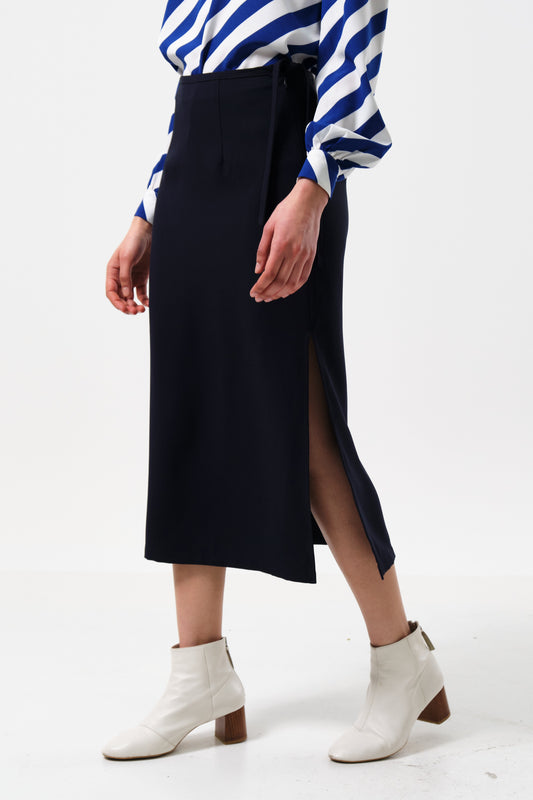 Timo Satin Back Crepe Sustainable Midi Skirt - Navy