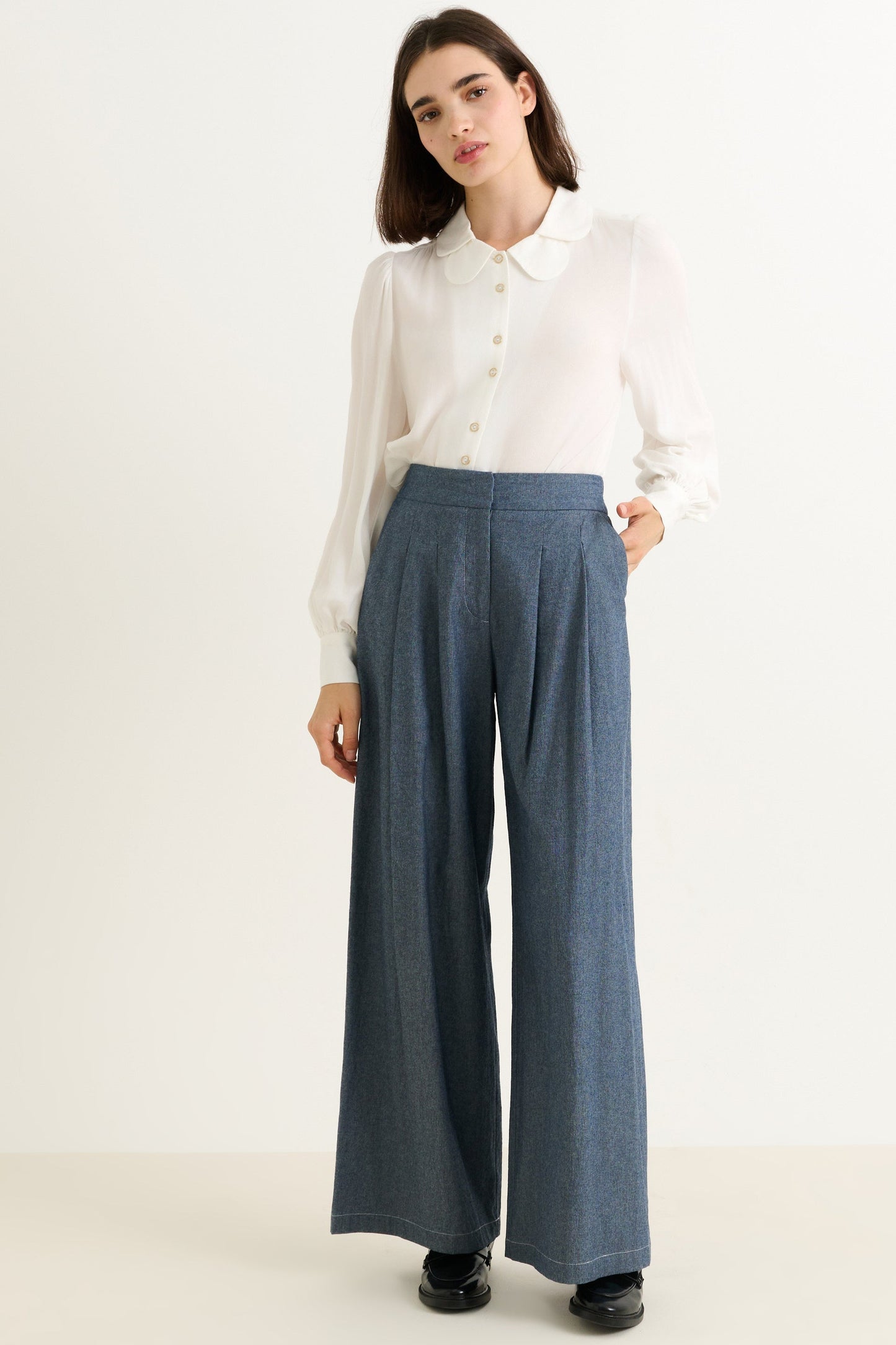 Tyler Chambray Wide Leg Trouser - Dark Grey