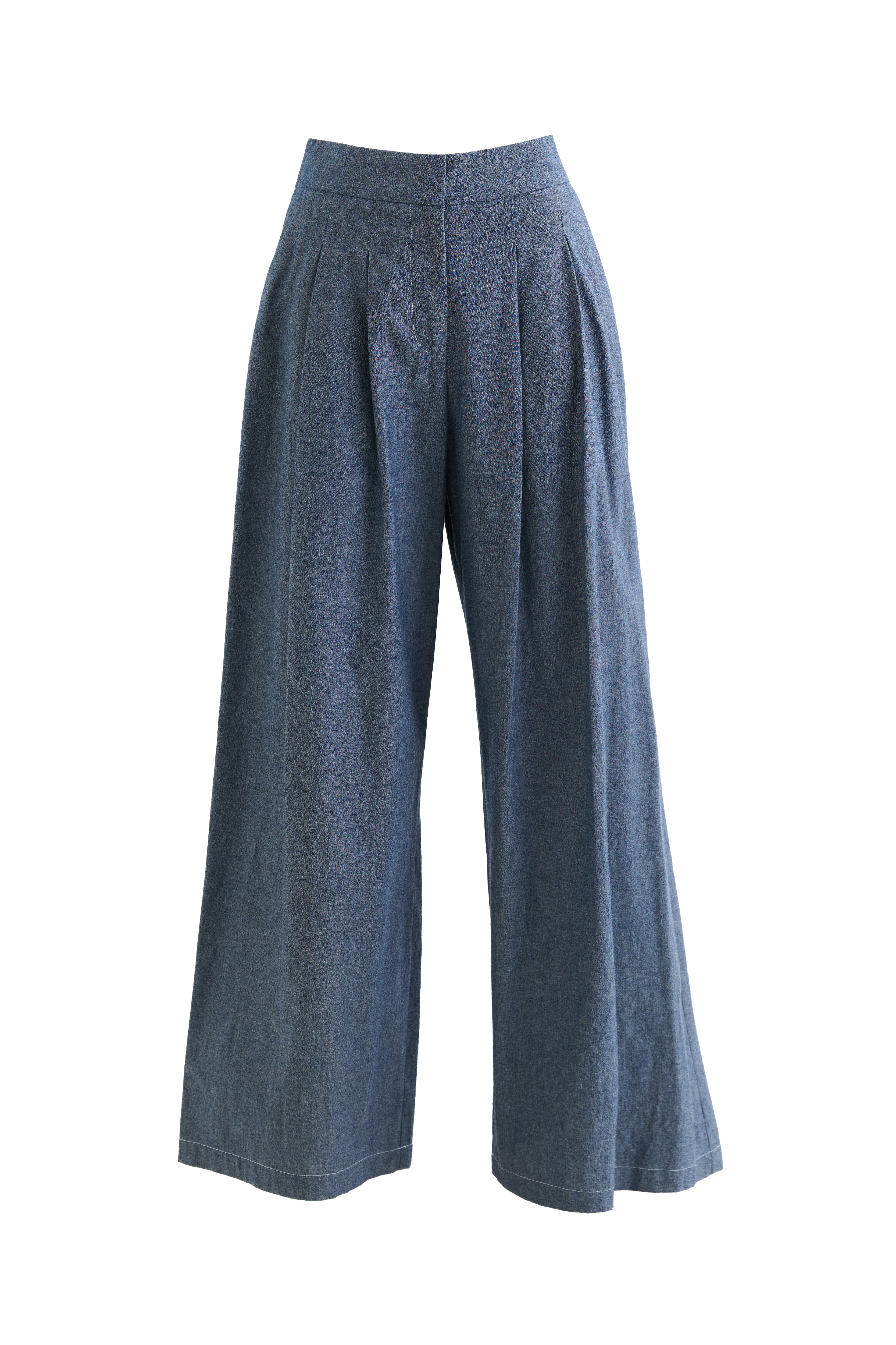 Tyler Chambray Wide Leg Trouser - Dark Grey - Detail 4