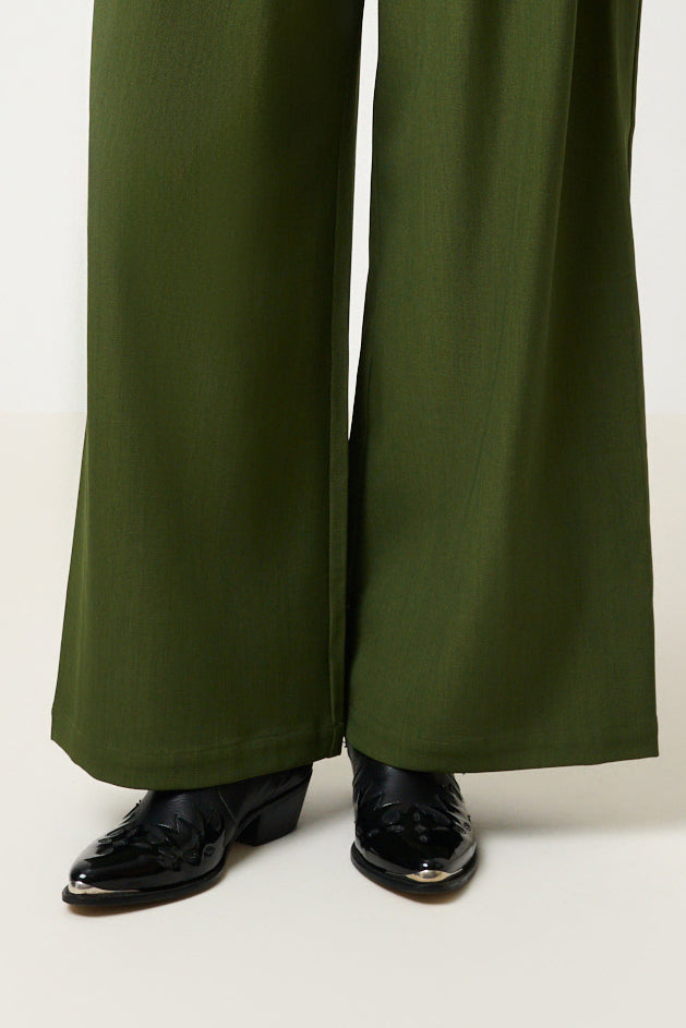 Tyler Pleat Front Wide Leg Trouser - Moss Green - Detail 2