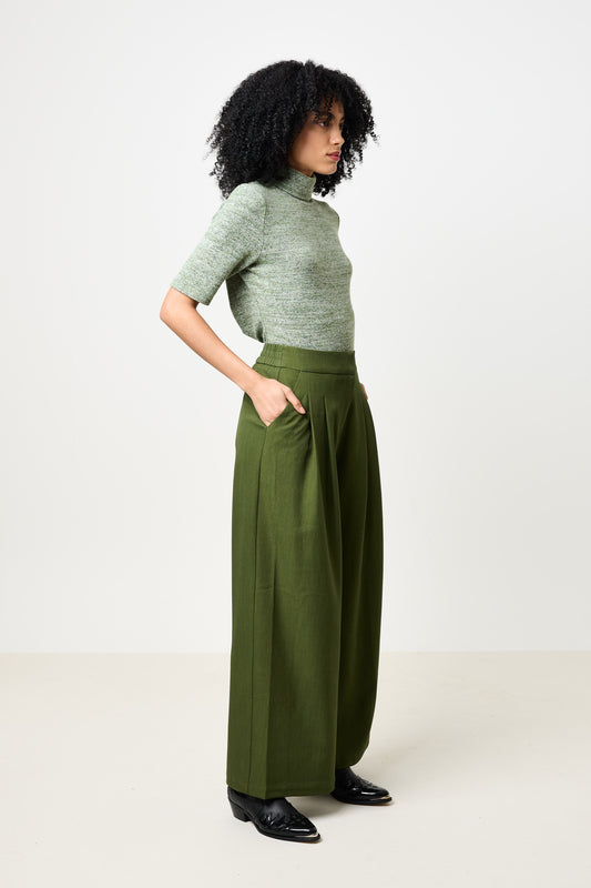Tyler Pleat Front Wide Leg Trouser - Moss Green