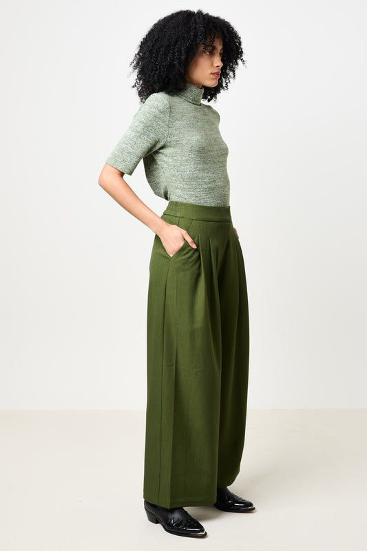 Tyler Pleat Front Wide Leg Trouser - Moss Green