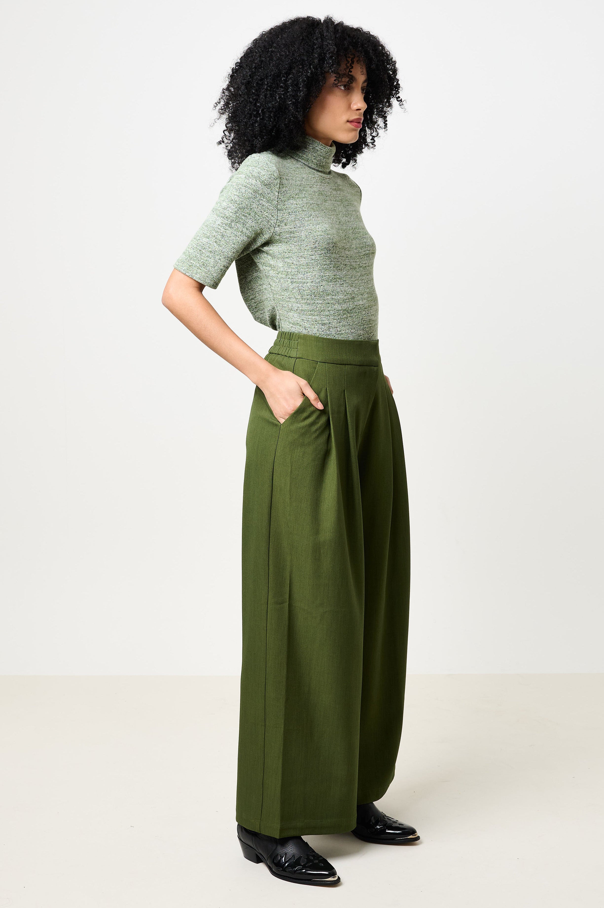 Tyler Pleat Front Wide Leg Trouser - Moss Green