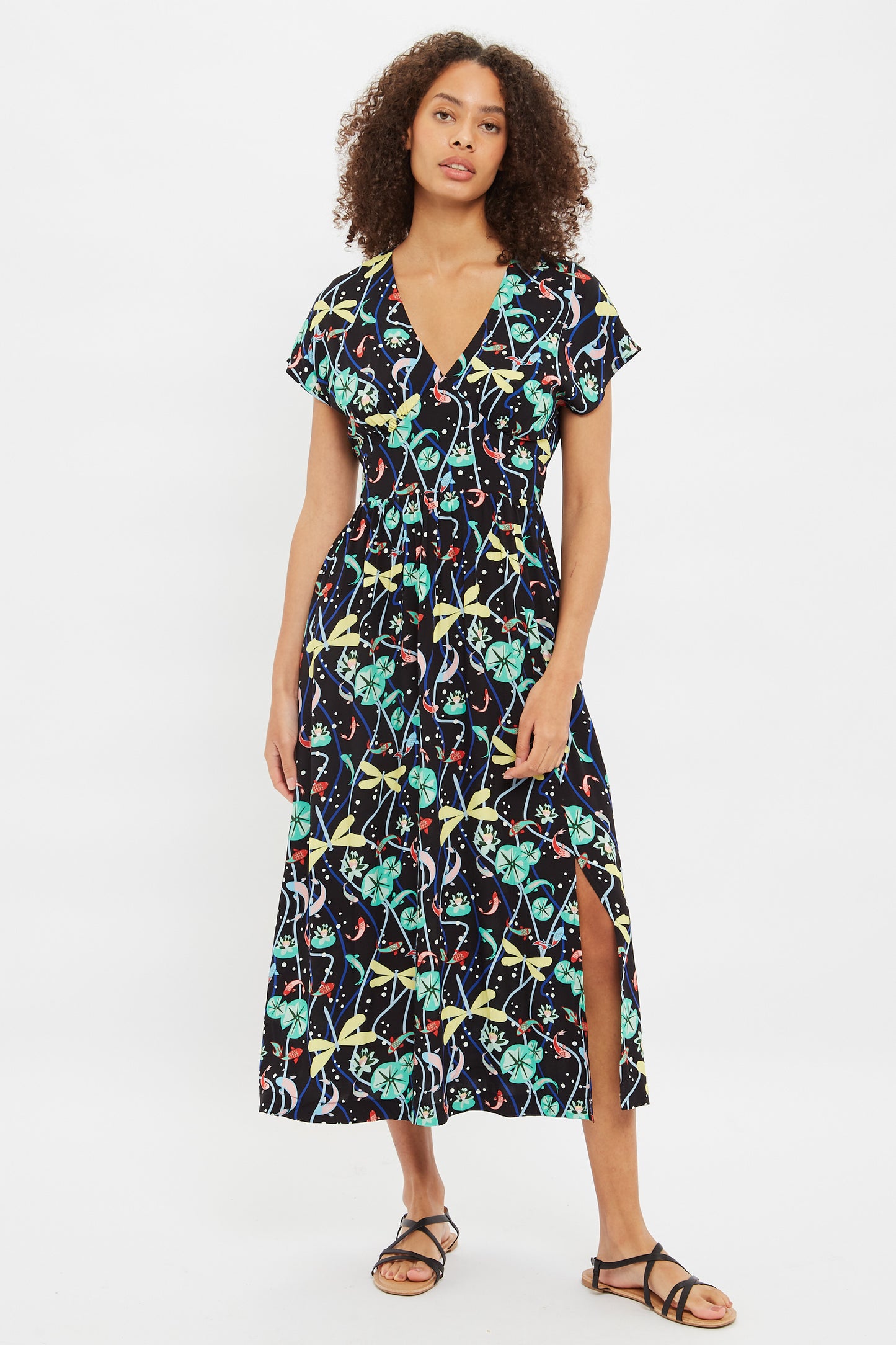 Unity Pond Print V Neck Midi Dress