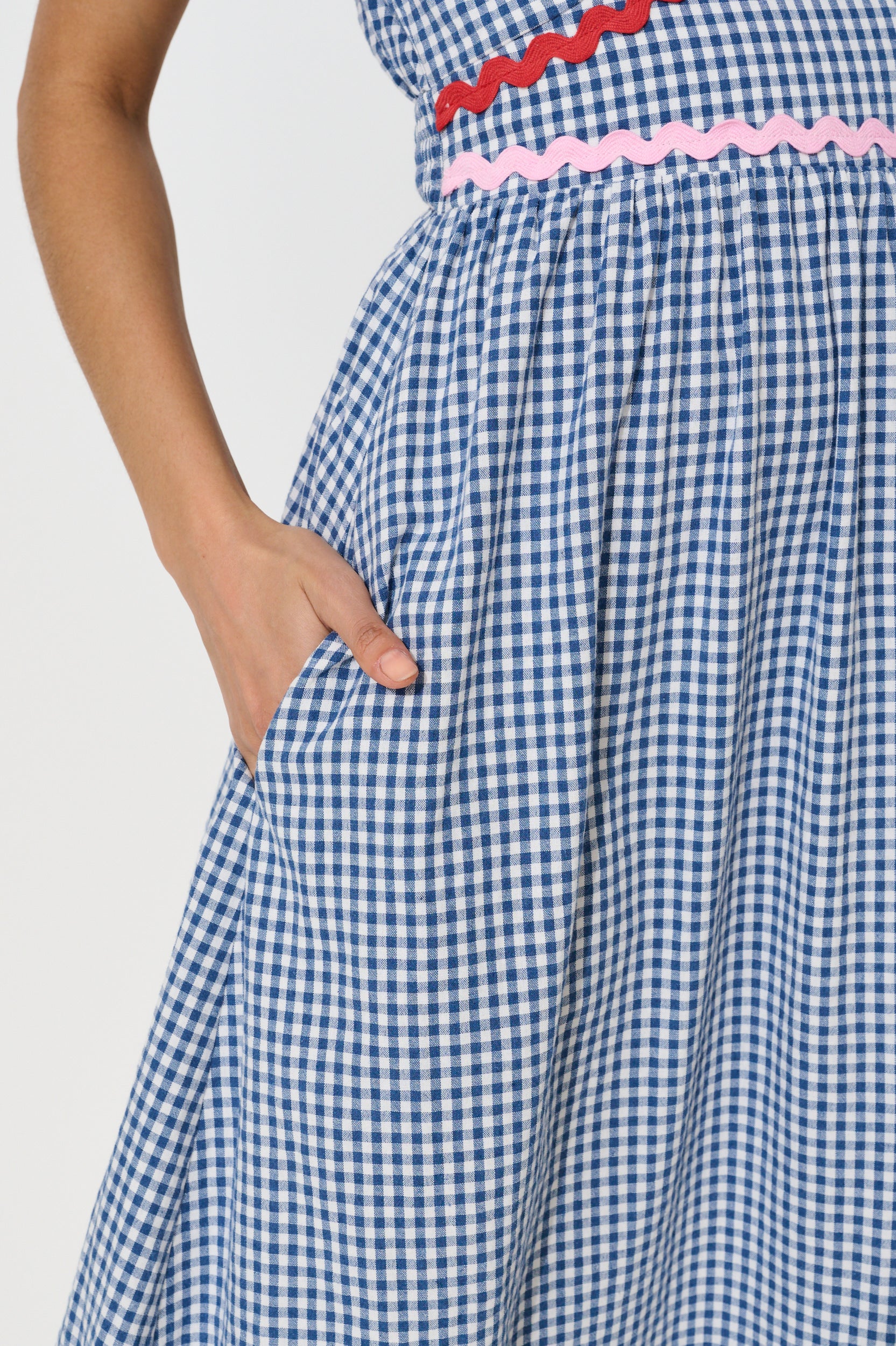 Unity Gingham Ric Rac Trim V-Neck Midi Dress - Blue
