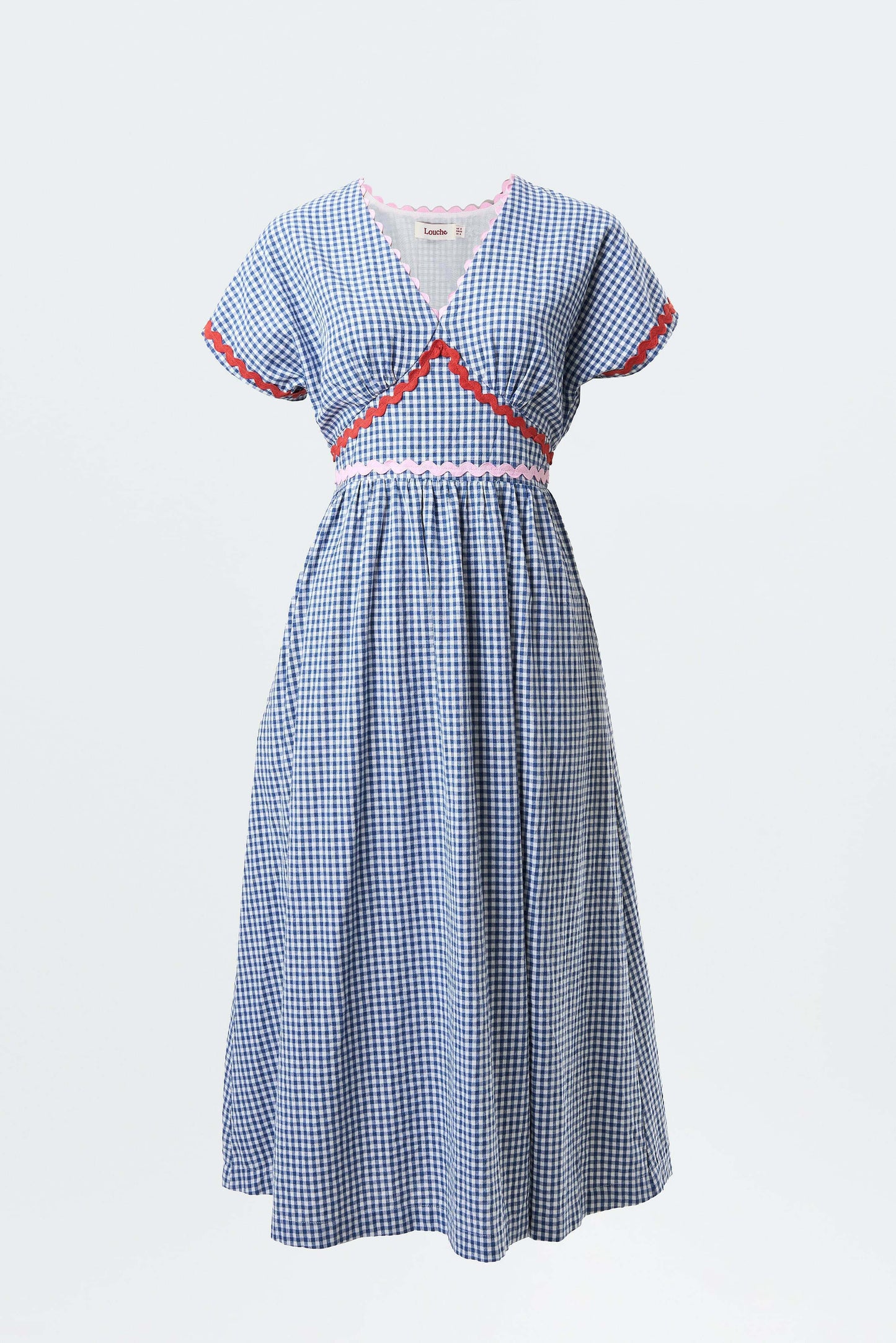 Unity Gingham Ric Rac Trim V-Neck Midi Dress - Blue