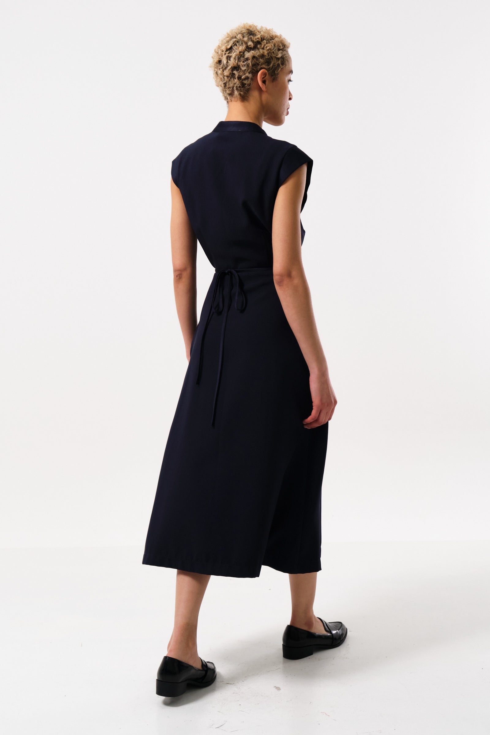 Navy sleeveless midi wrap tie side dress