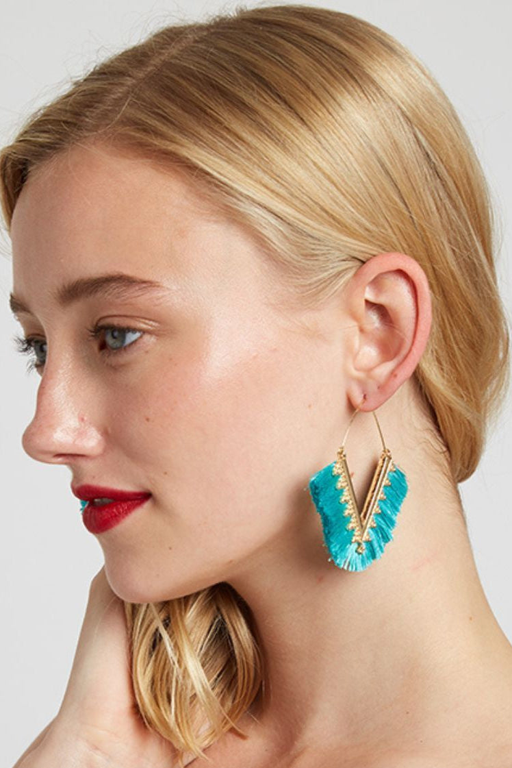 Edna V-Shape Silk Tassel Hoop Earrings - Turquoise - Back