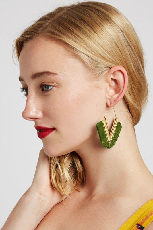 Edna Khaki V-Shaped Fringed Hoop Earrings