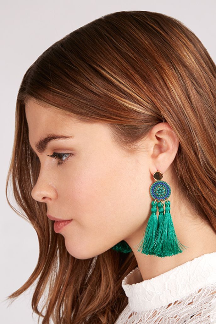 Austen Beaded Three Tassel Earrings - Green