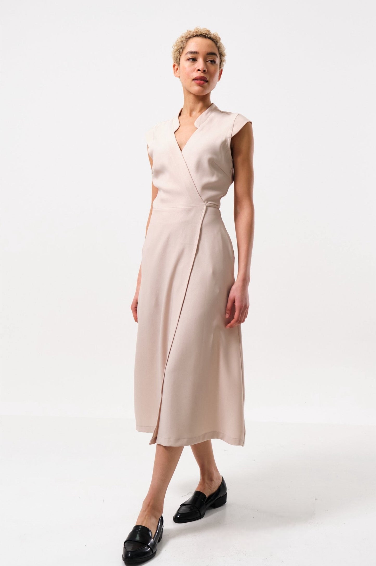 Camel Coloured Sustainable Tie Wrap Midi Dress