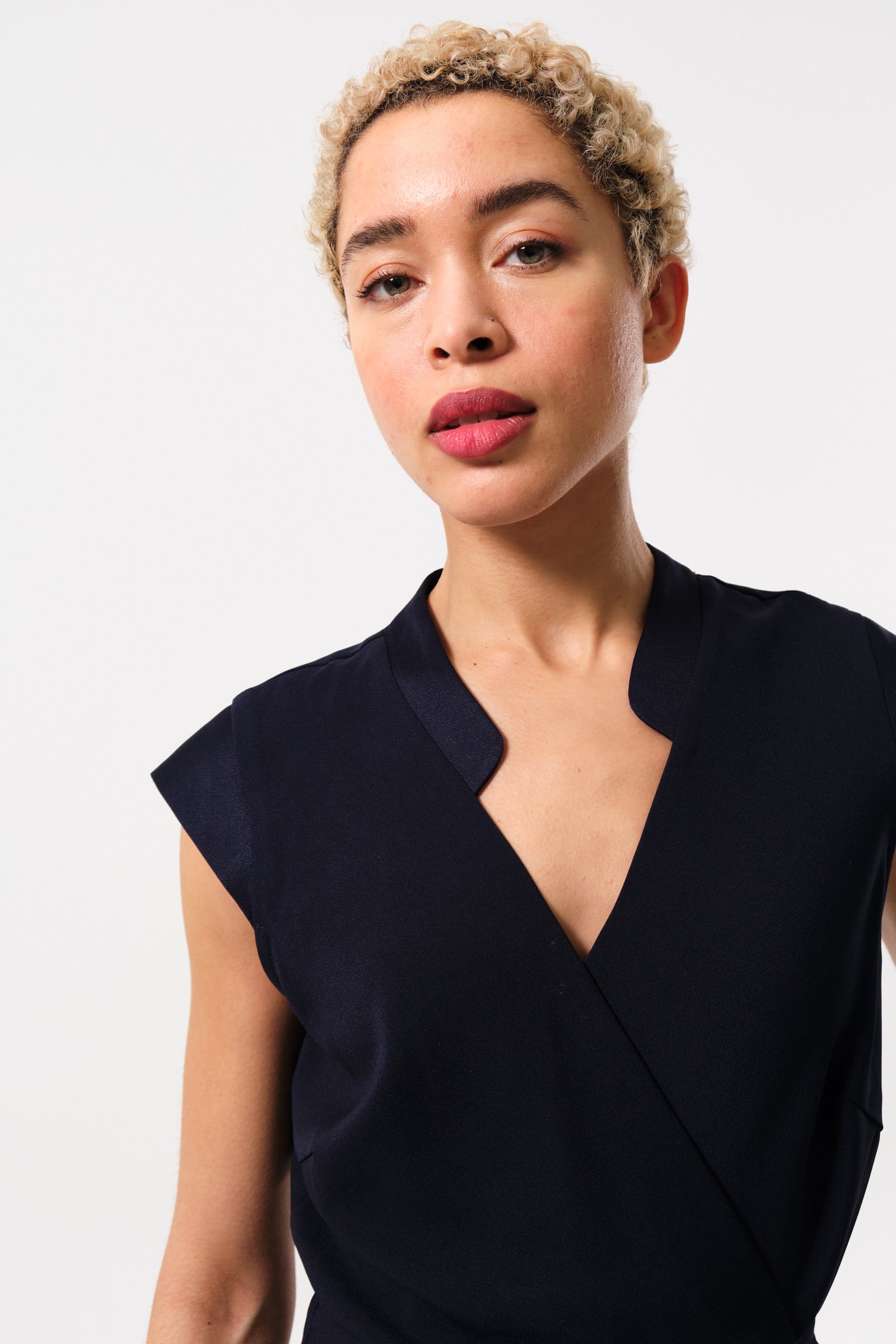Navy sleeveless midi wrap dress