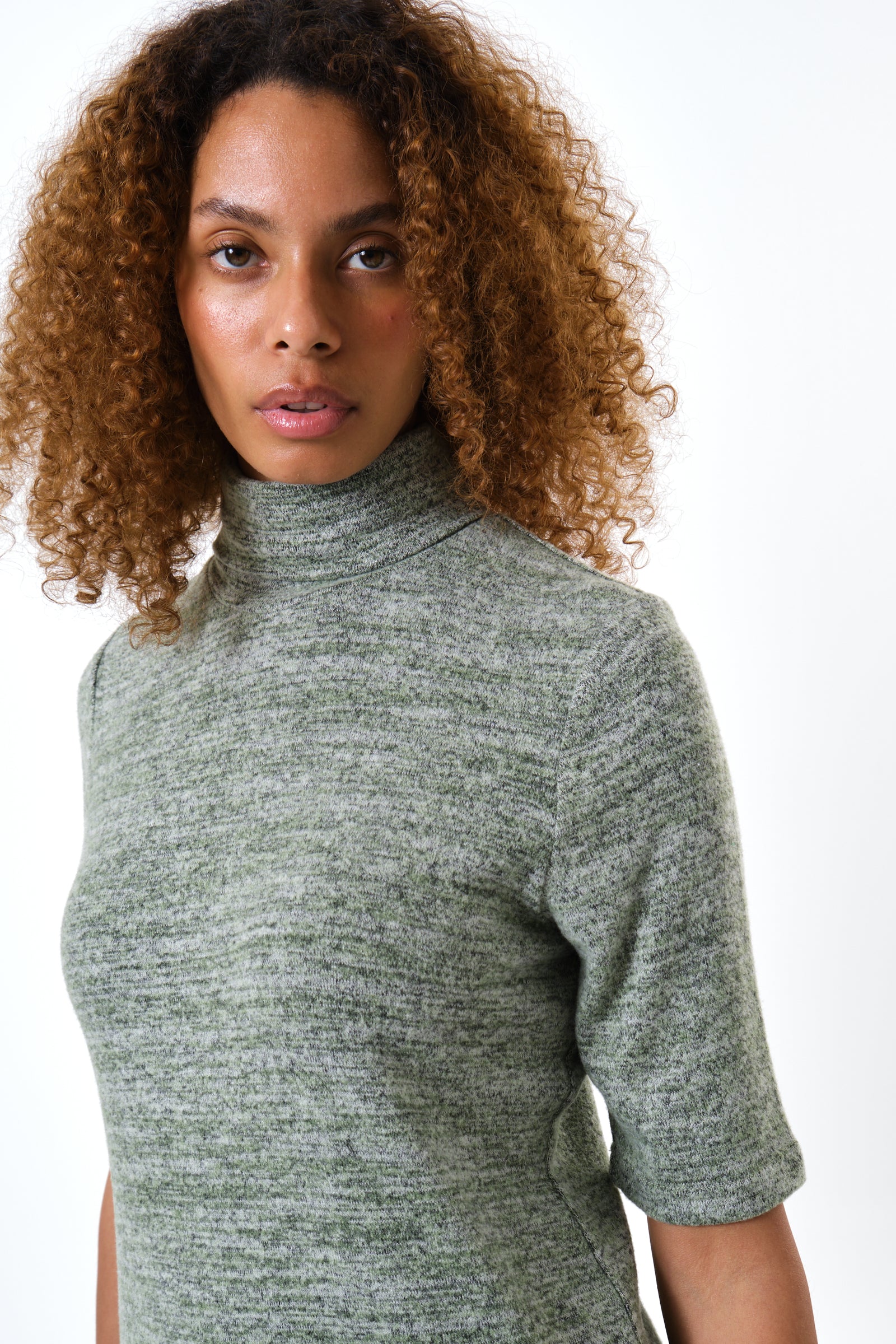 Vista Soft Marl Polo Neck Short Sleeve Top - Green - Detail 1