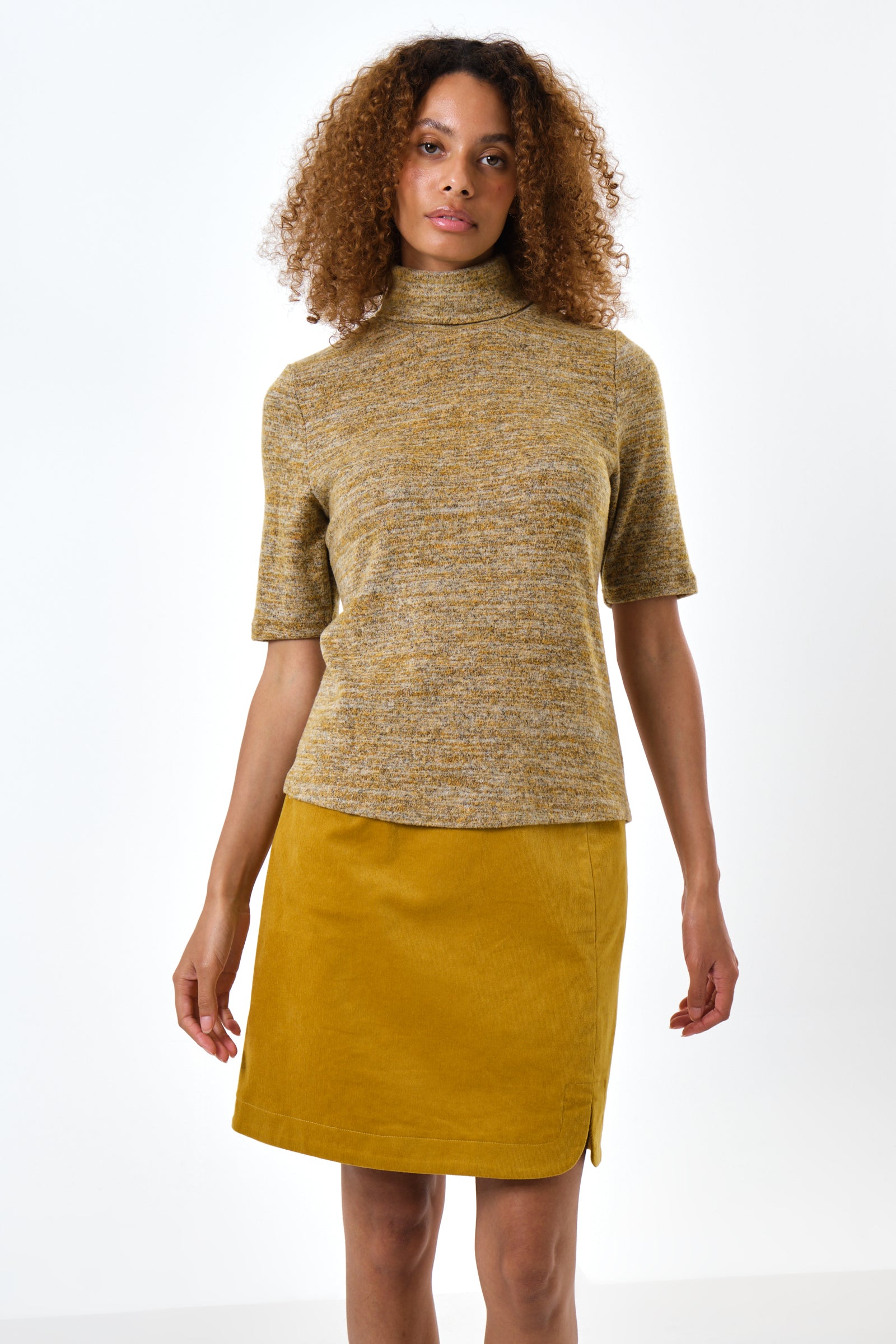 Vista Soft Marl Polo Neck Short Sleeve Top - Mustard - Detail 4