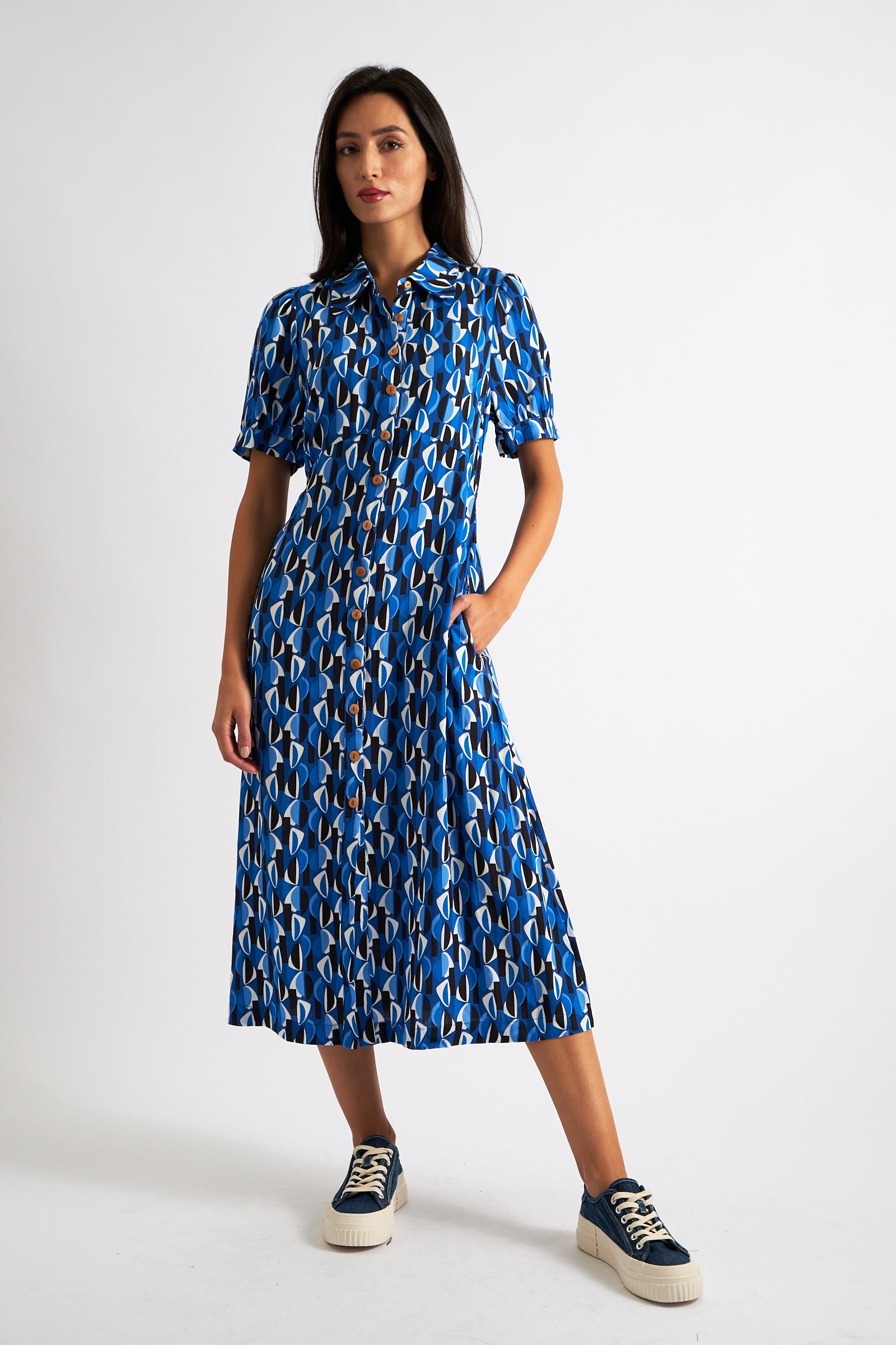 Wanda Mid Century Retro Print Midi Dress - Blue - Detail 4