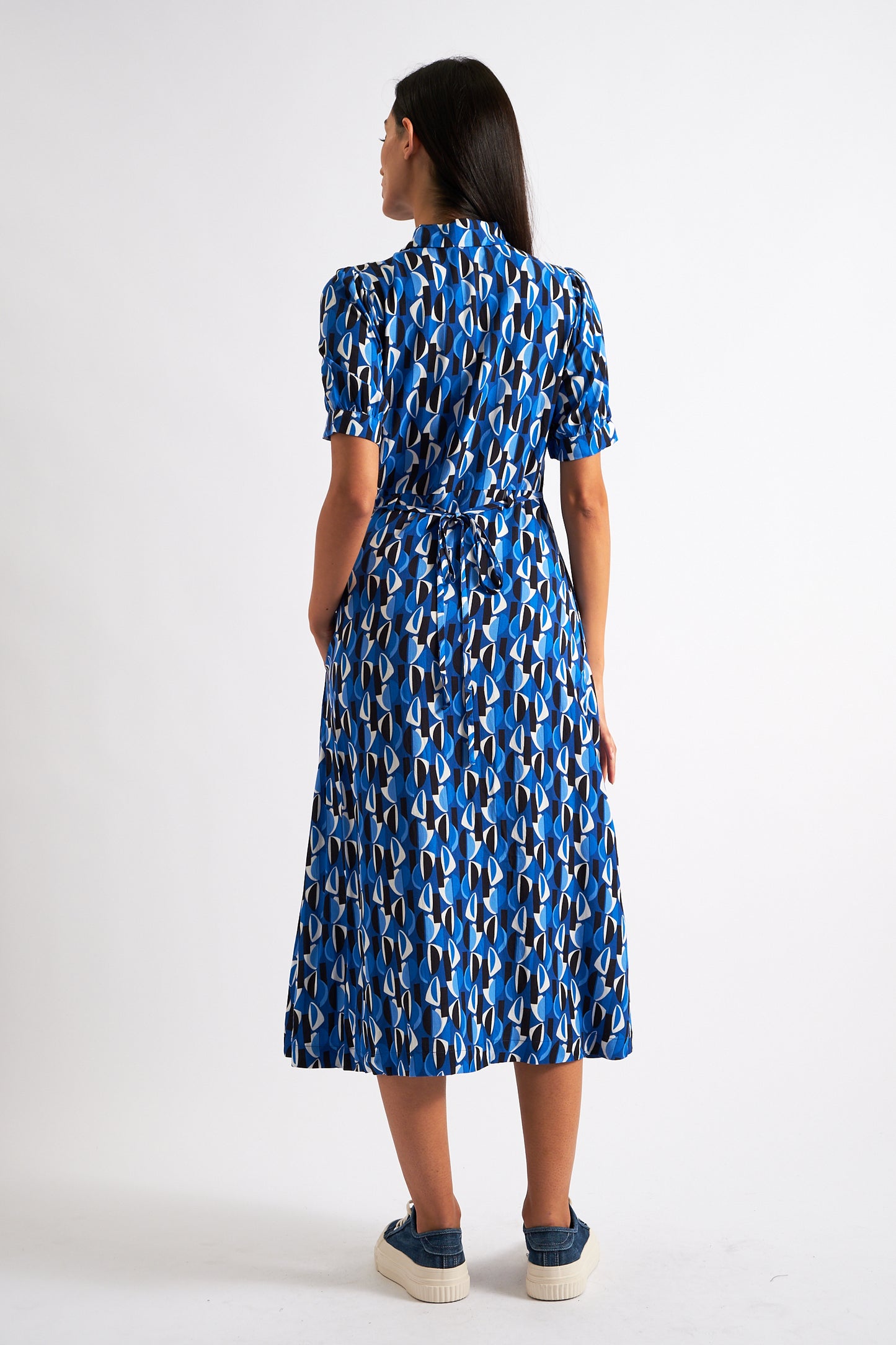 Wanda Mid Century Retro Print Midi Dress - Blue