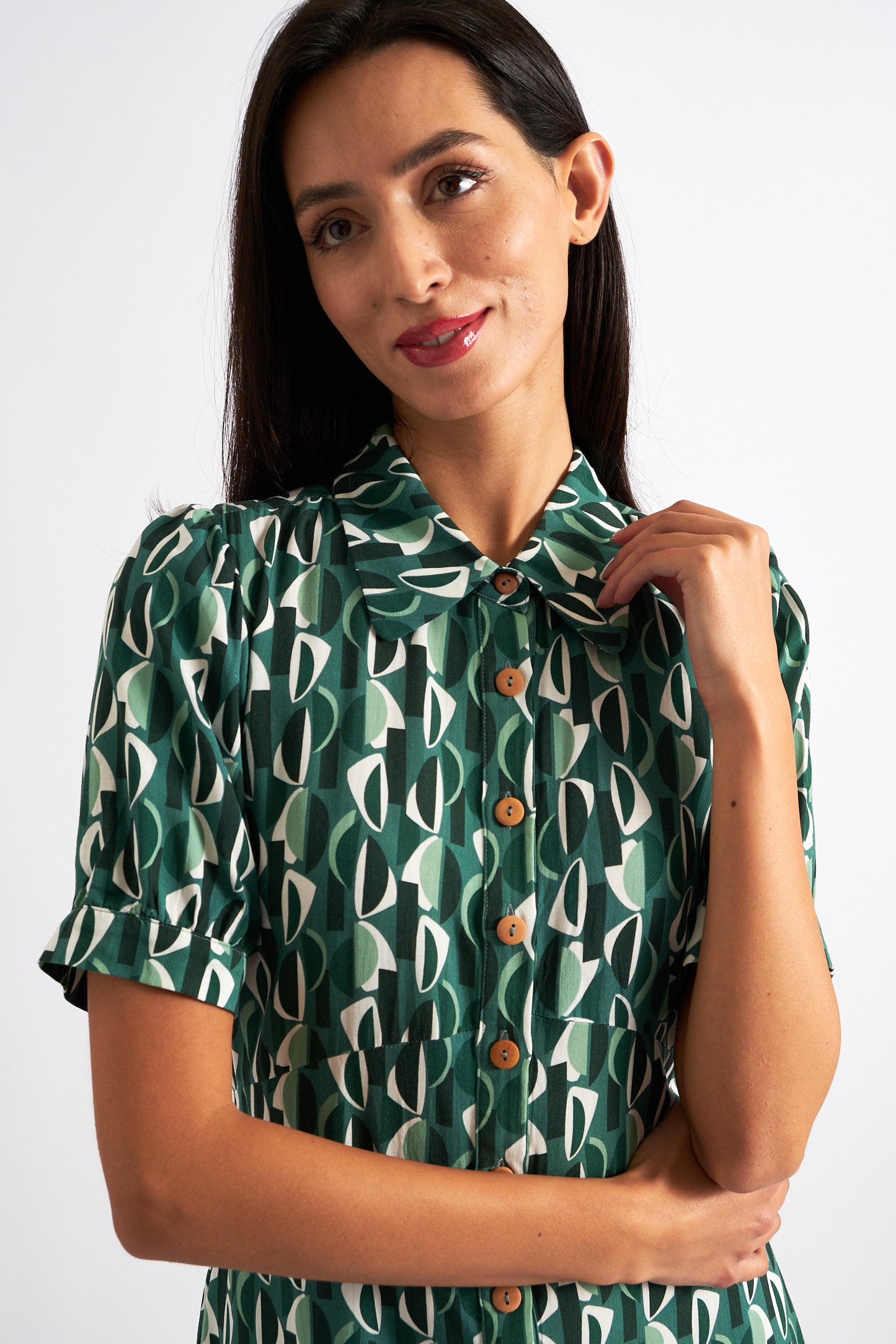 Wanda Mid Century Retro Print Midi Dress - Green