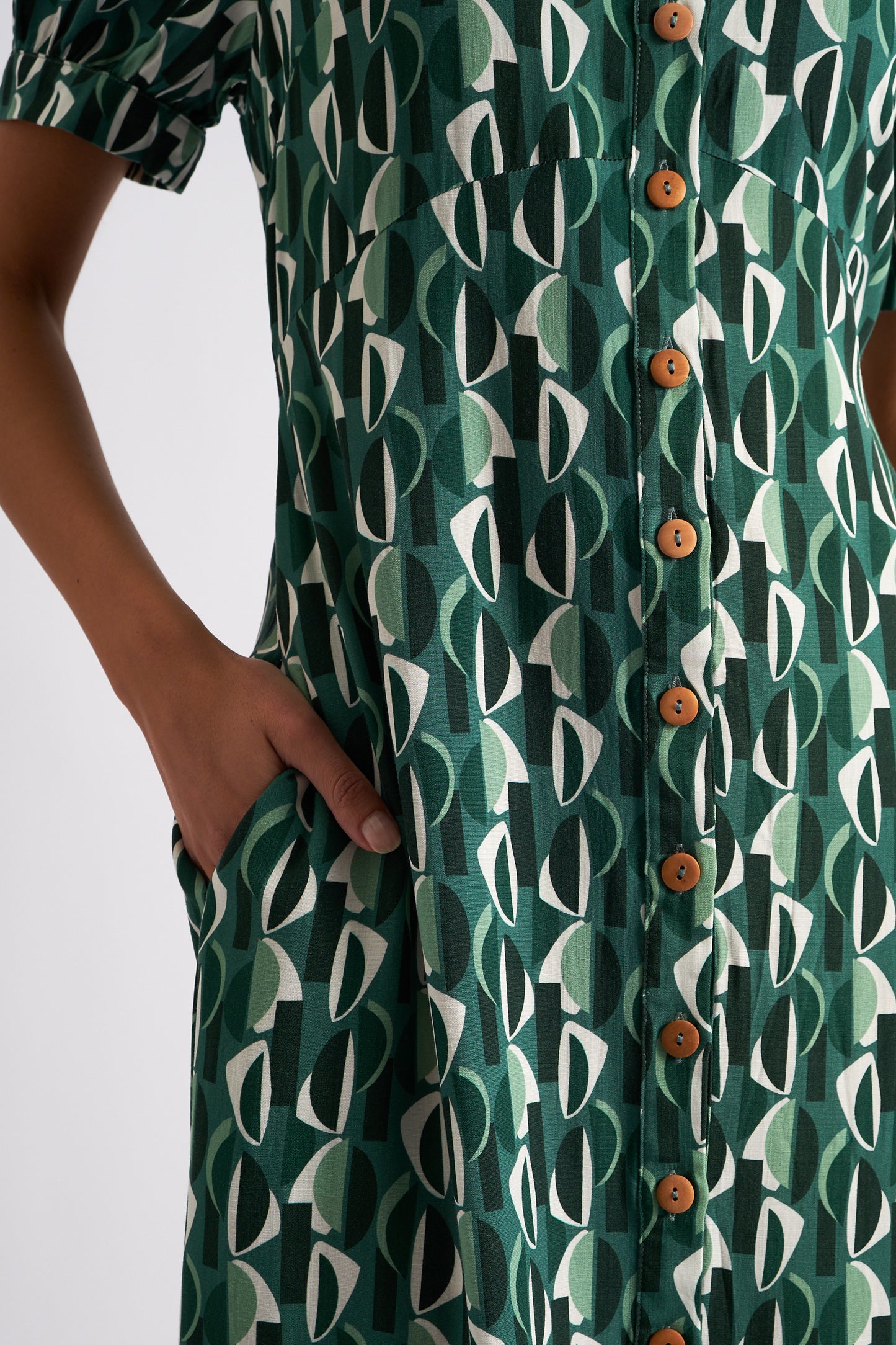 Wanda Mid Century Retro Print Midi Dress - Green