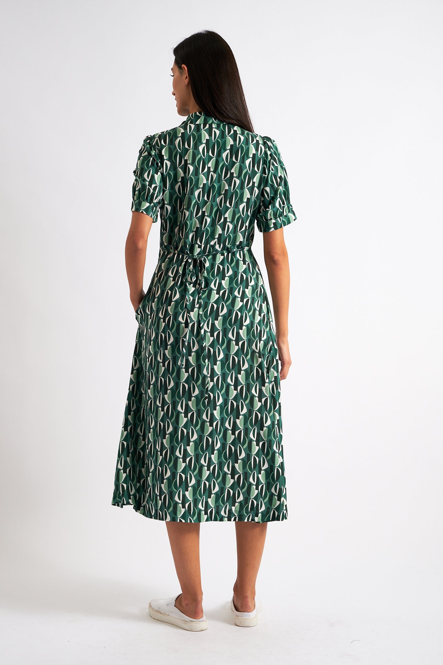 Wanda Mid Century Retro Print Midi Dress - Green