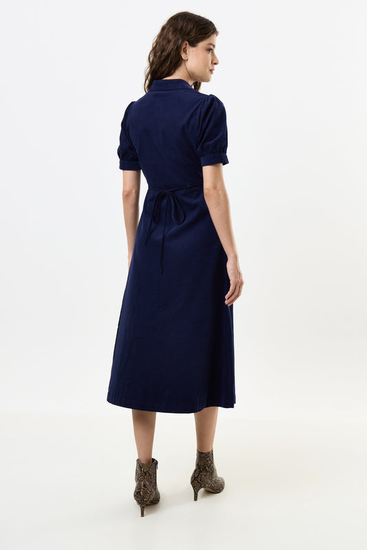 Wanda Lightweight Baby Cord Puff Sleeve Midi Dress - Navy