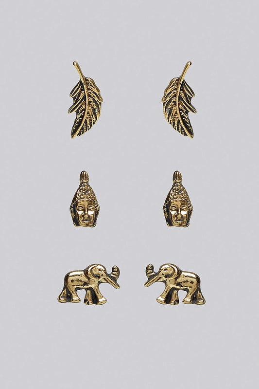 Wilder 3 Pack Elephant Tribal Gold Stud Earrings