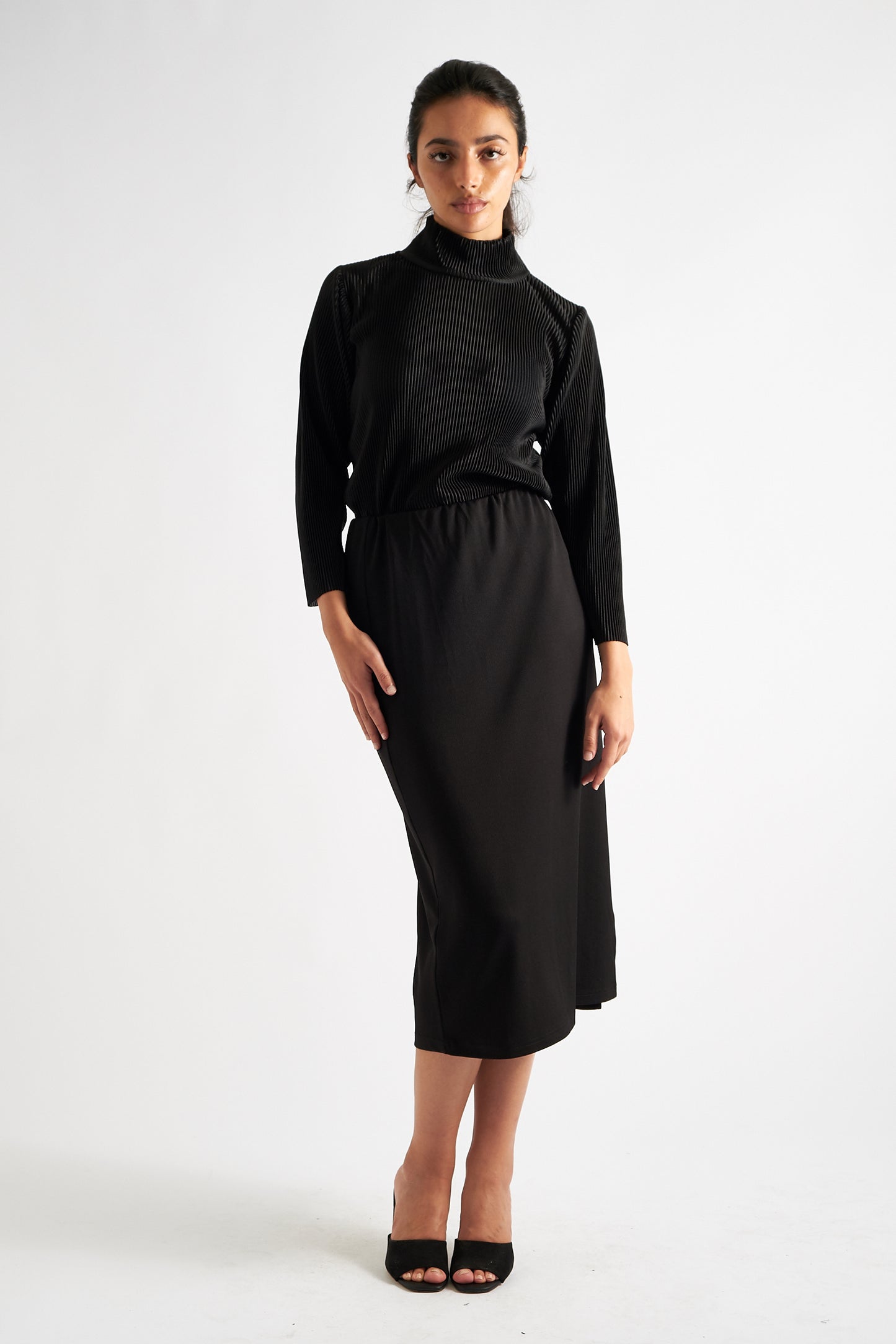 Wilson Fine Black Rib Midi Pencil Skirt