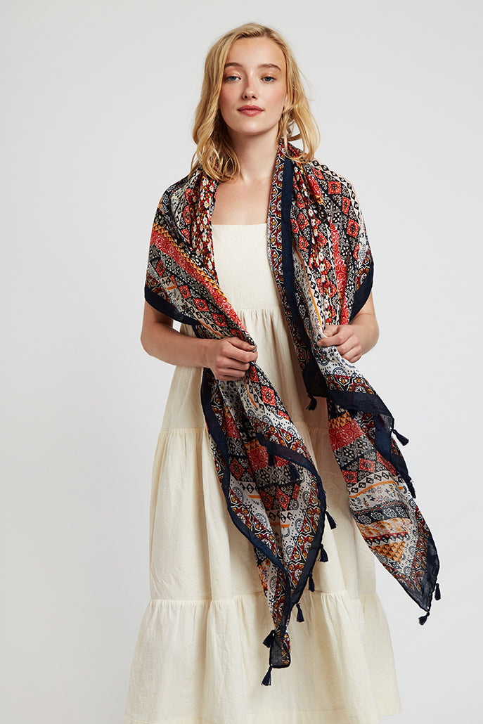 Weston Boho Floral Scarf in Red and Navy - Detail 1