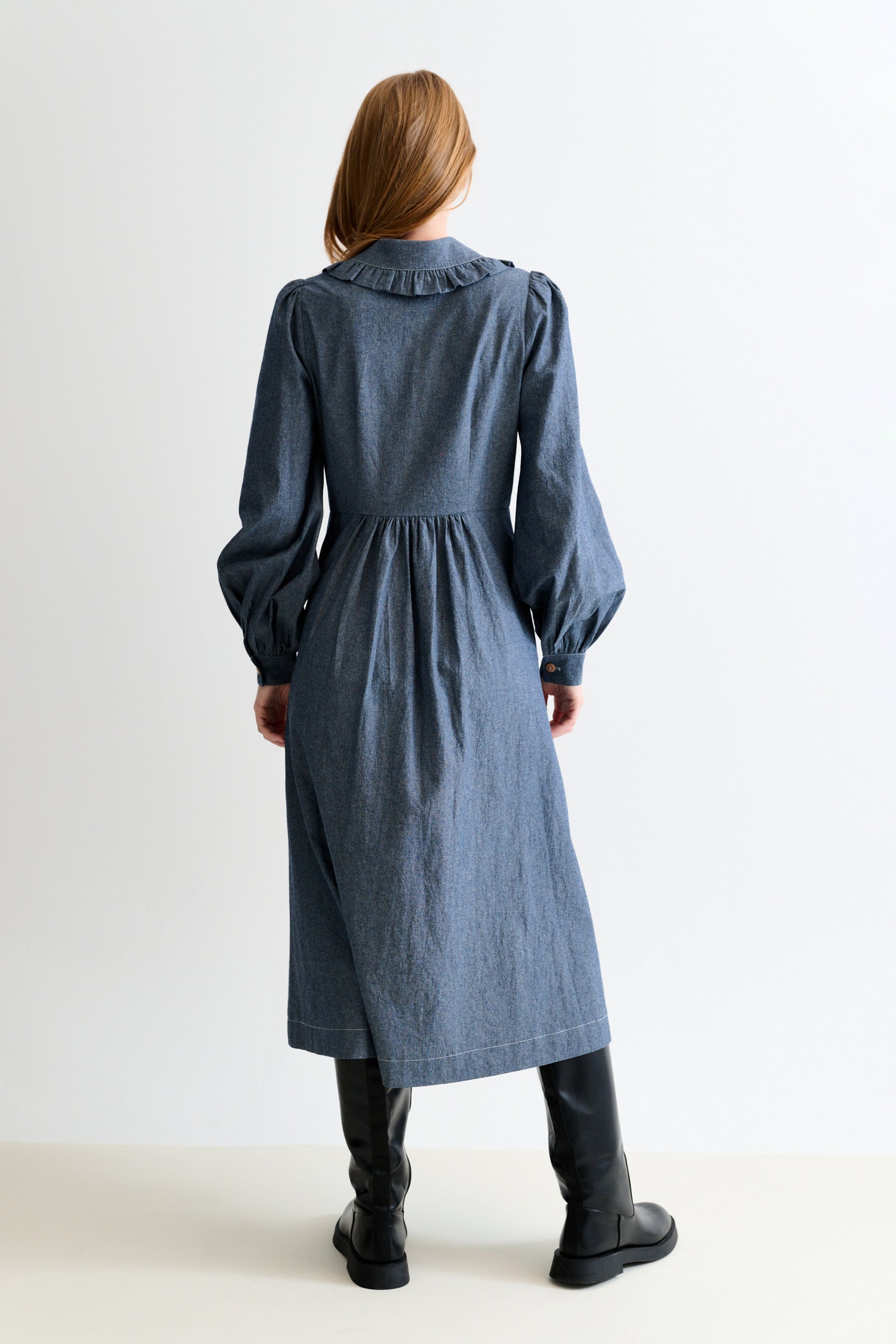 Zoya Chambray Zip Front, Frill Collar Midi Dress - Dark Grey