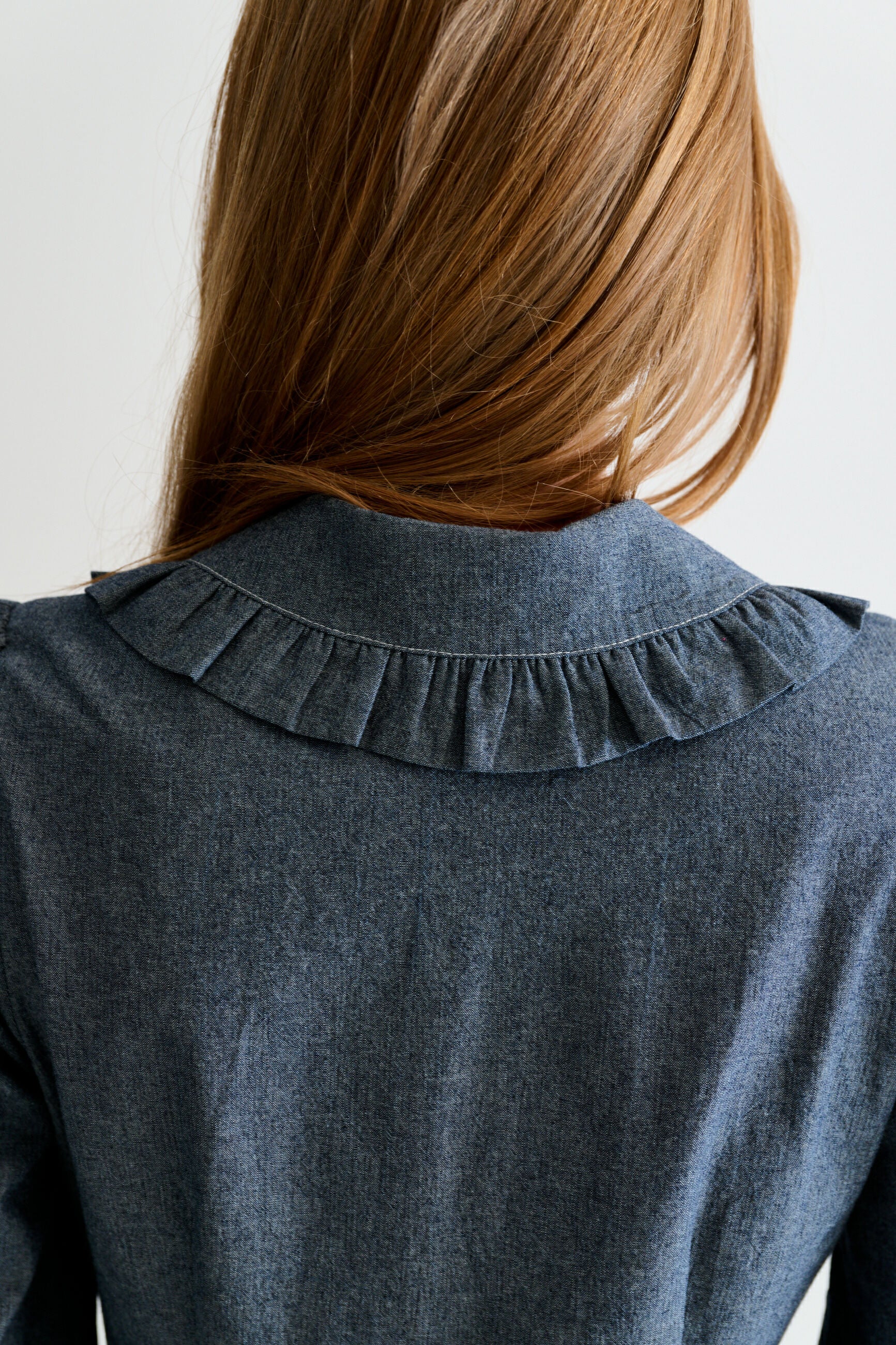 Zoya Chambray Zip Front, Frill Collar Midi Dress - Dark Grey - Detail 2